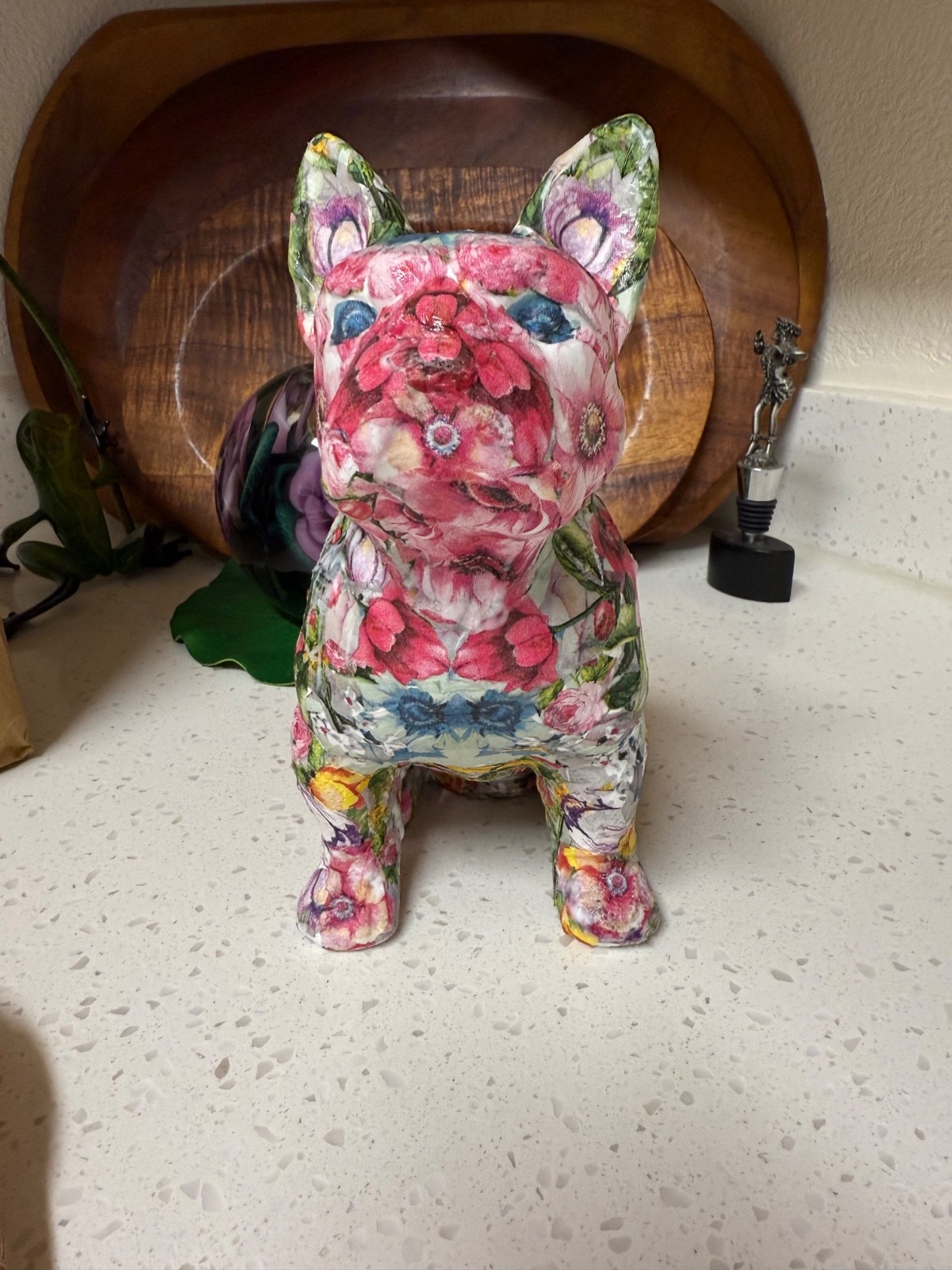Pug Lover dog sculpture, pretty in pink decoupage 8.5” tall
