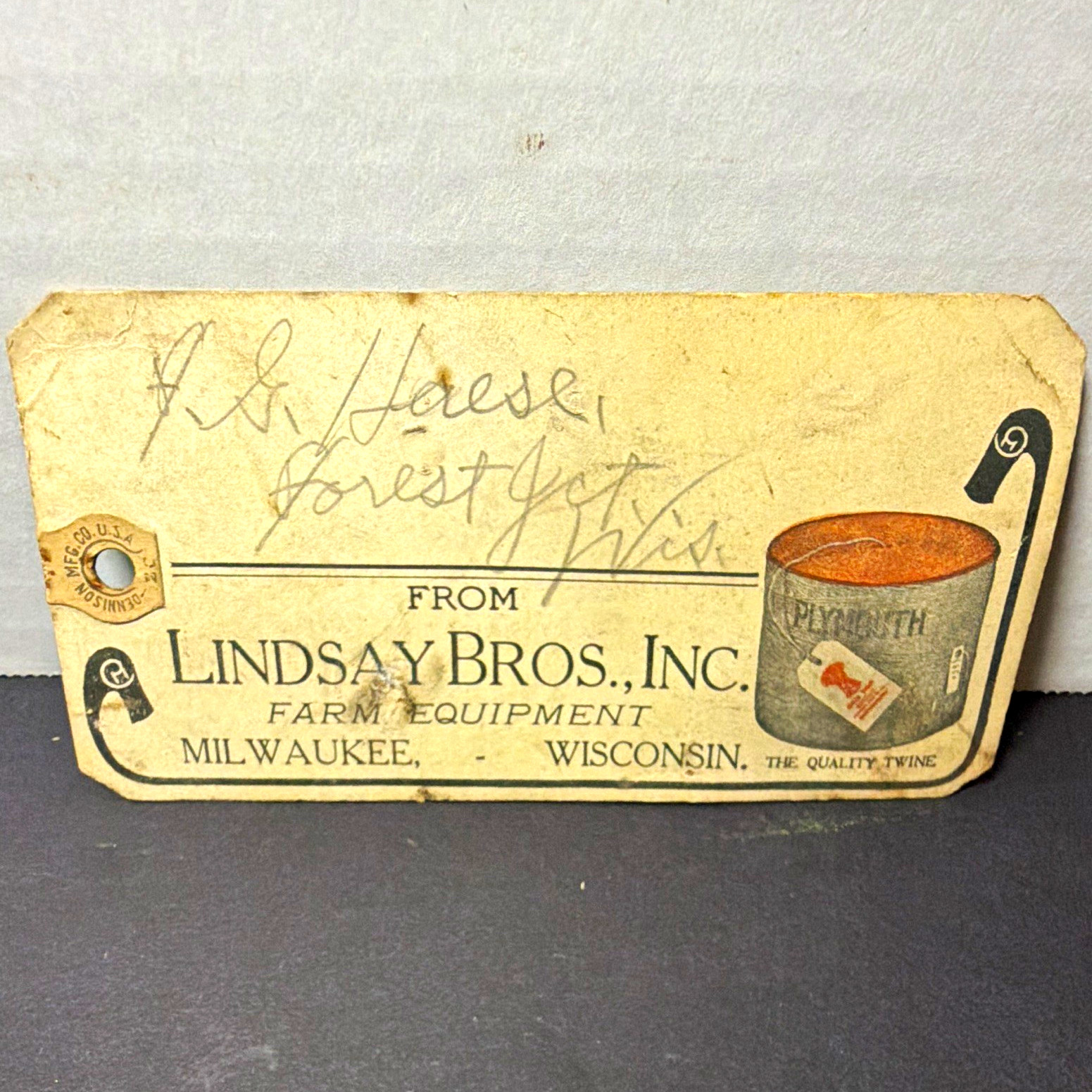 Lindsay Bros., Inc. Vintage Farm Equipment Advertising Tag Milwaukee Wisconsin