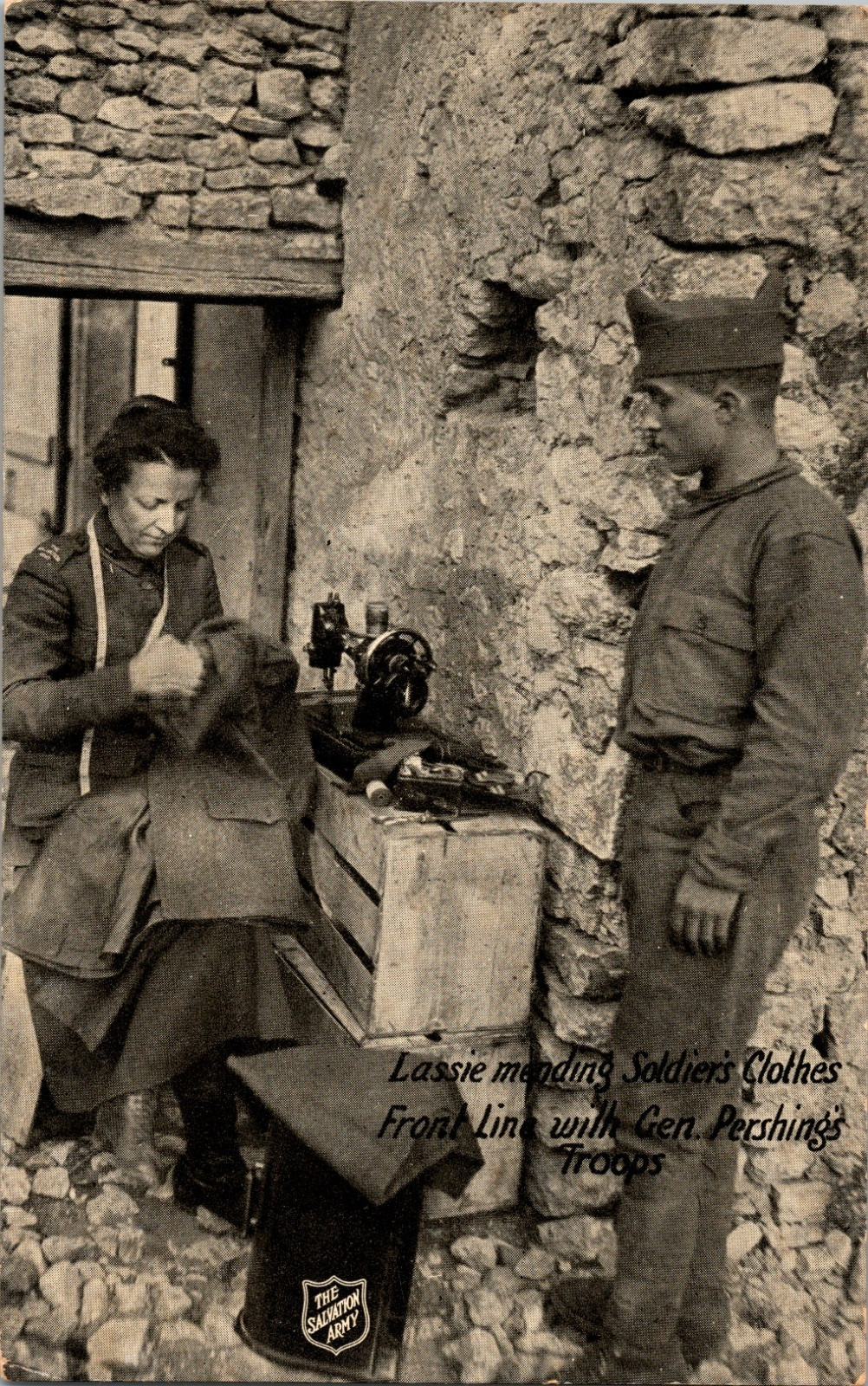 1919 WWI Salvation Army Lassie Mending Pershing Troops Military Postcard