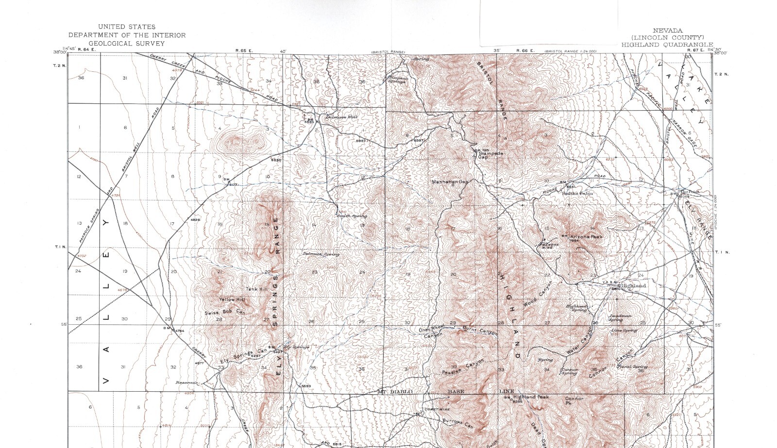 Highland Quadrangle Nevada 1916 Topo Map USGS 1:62,500 Scale Topographic