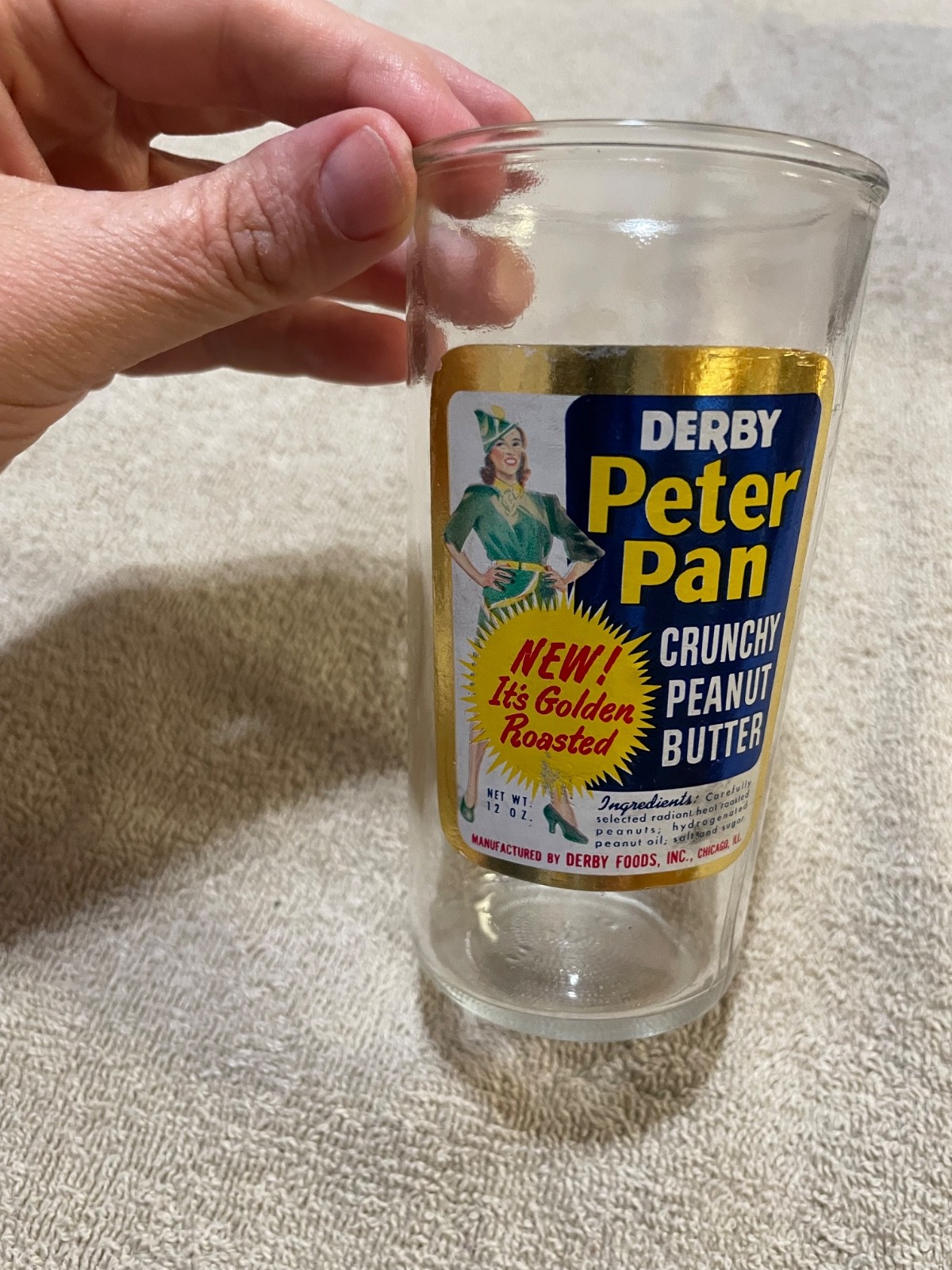 VTG Derby Peter Pan Glass Jar with Paper Label 12 Ounces Chicago, IL (Read)