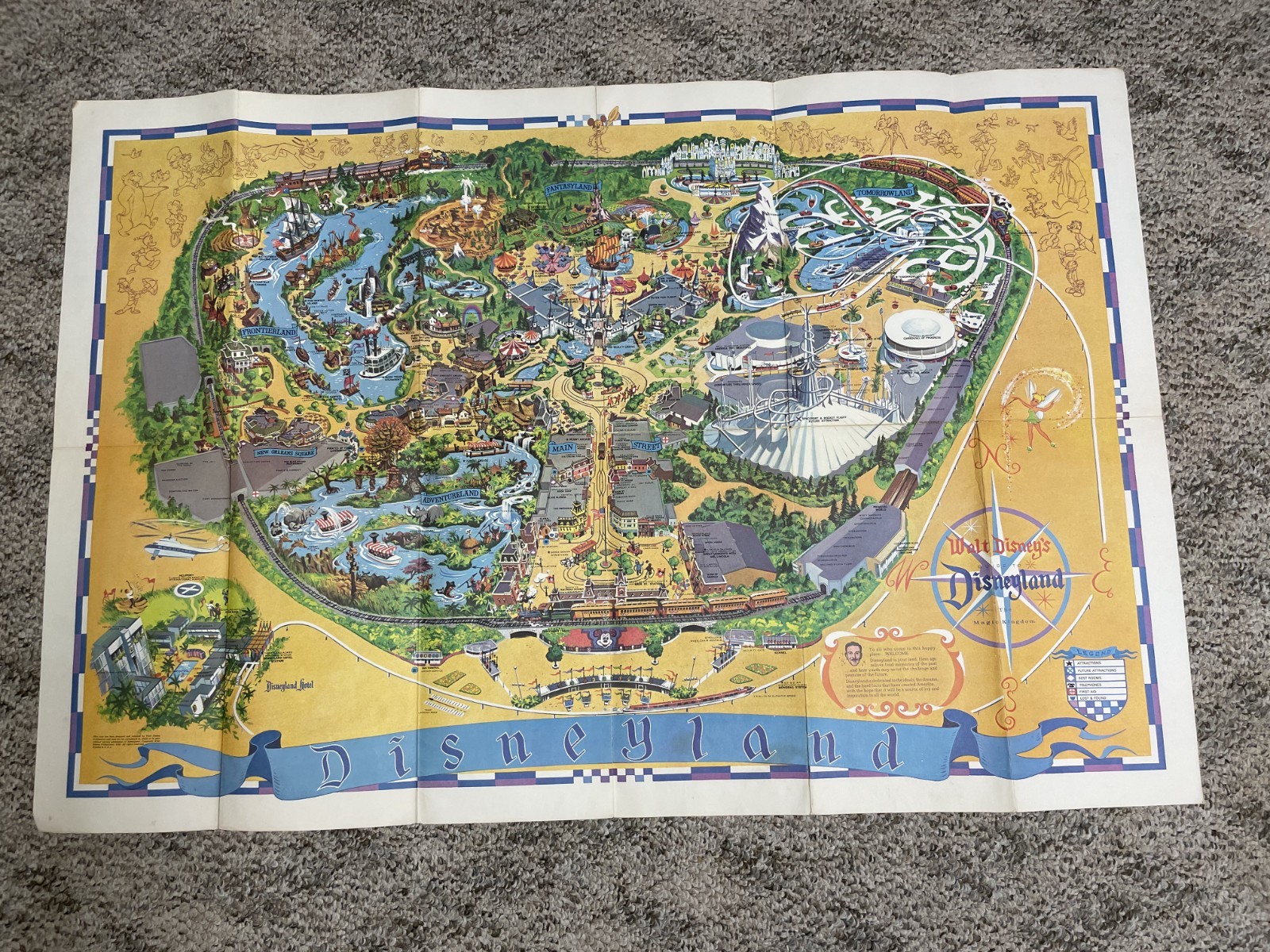 Vintage Circa 1970 Disneyland Theme Park Map Poster 30”x 45” Walt Disney
