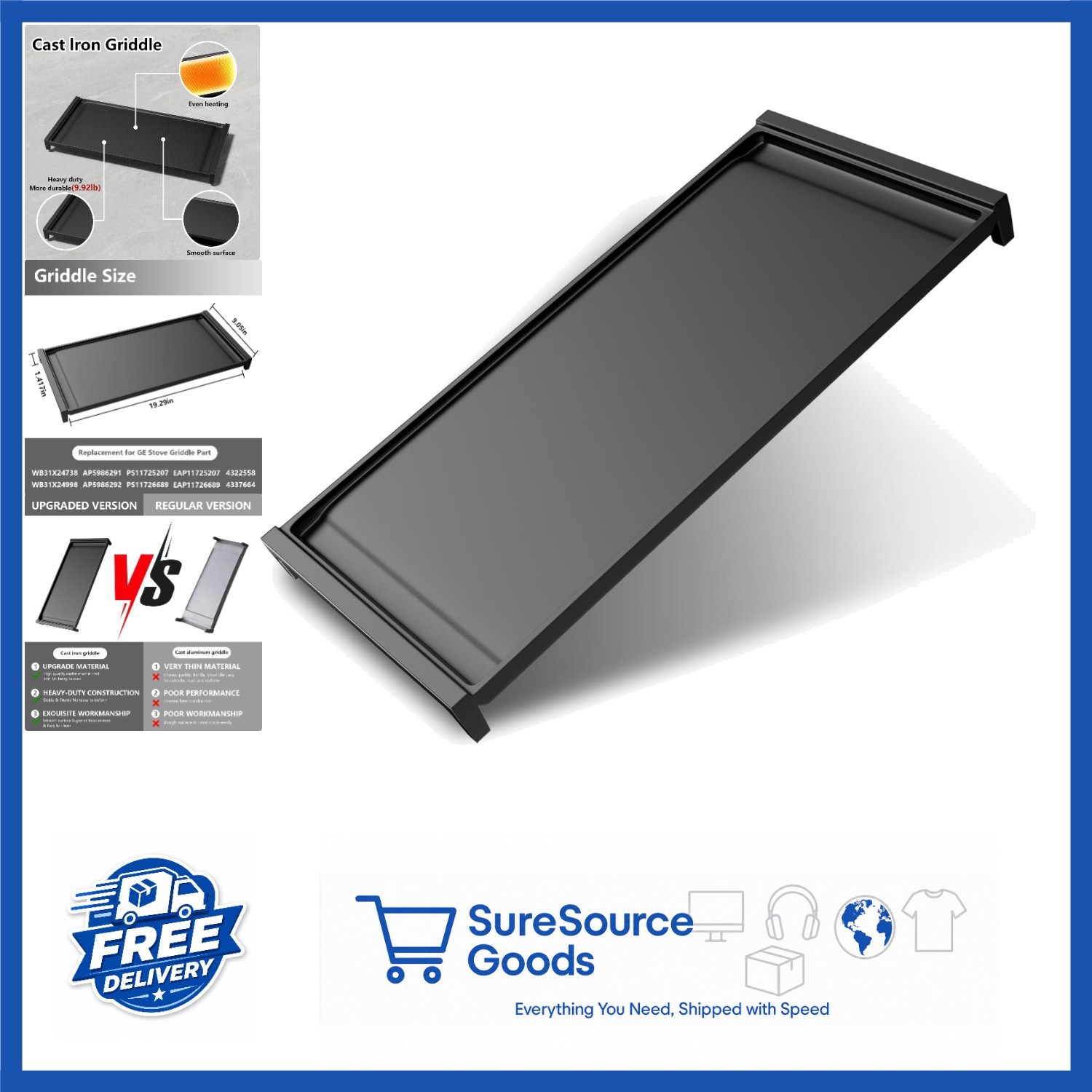 WB31X24738 Cast Iron Griddle for GE Gas Range 4.33kg Heavy-Duty Cooking Surface