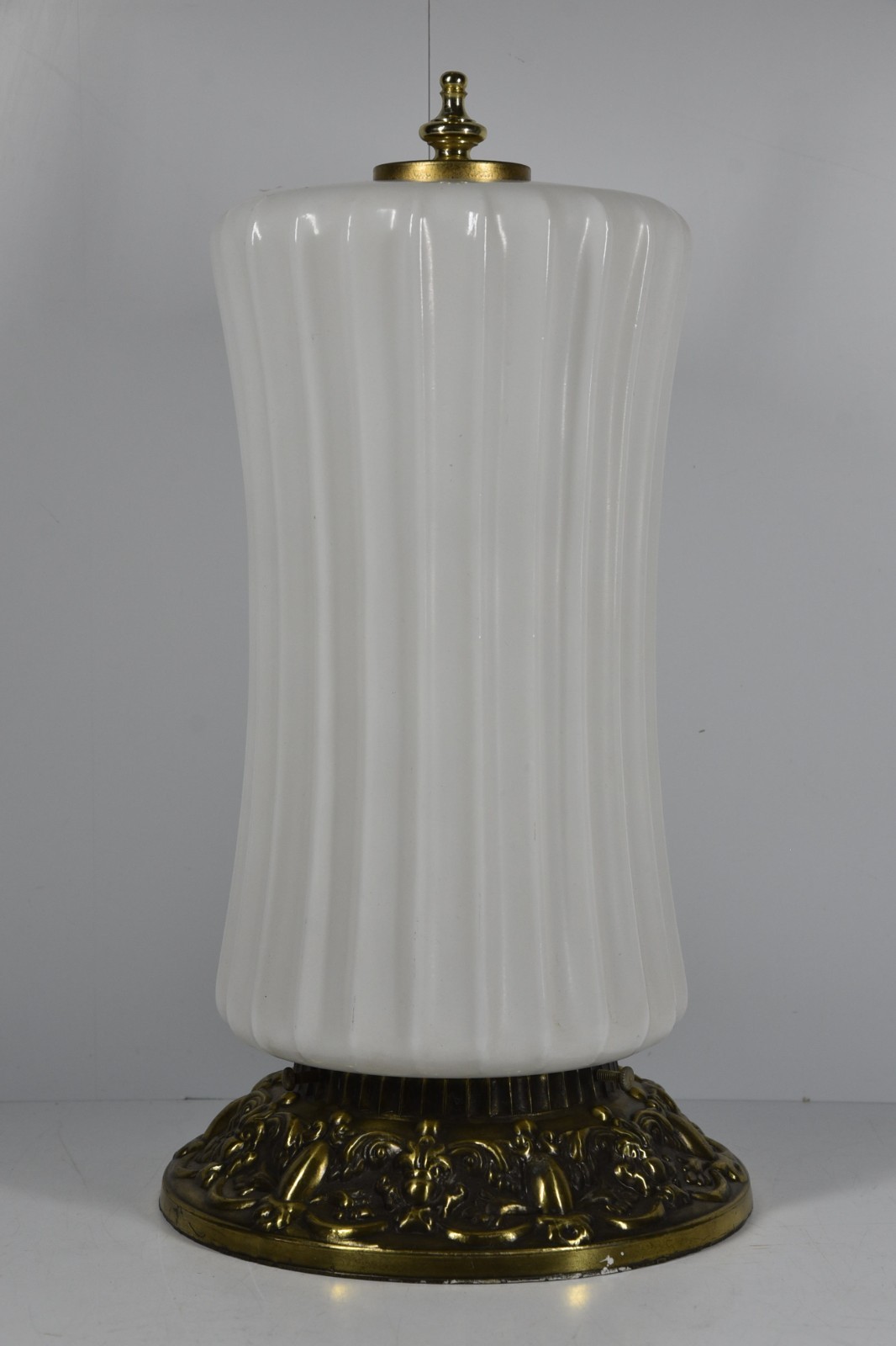Vintage Milk Glass Ribbed Ceiling Light Shade & Brass Fixture Art Deco USA Hedco