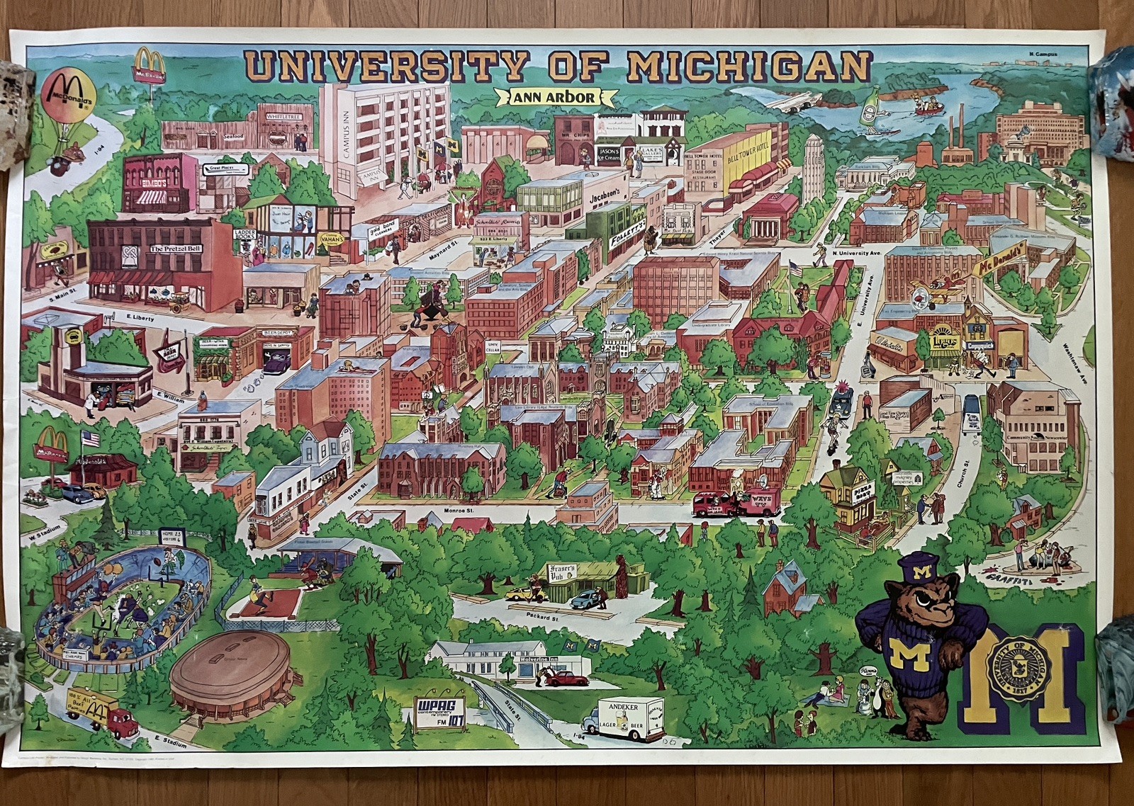 1981 Original Vintage Univ. of Michigan Ann Arbor Cartoon Map Travel Poster 1981 Original Vintage Univ. of Michigan Ann Arbor Cartoon Map Travel Poster