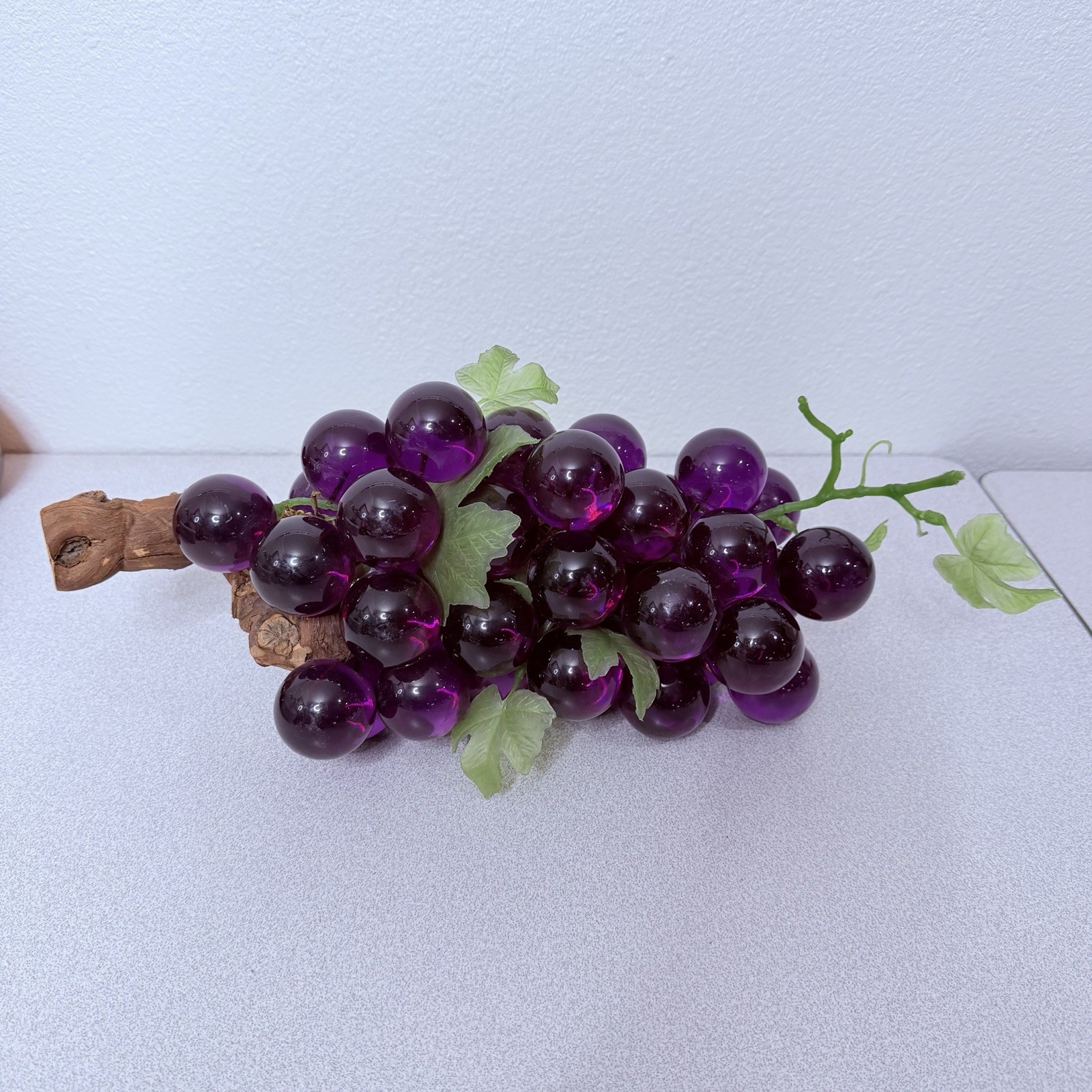 VTG MCM Purple Lucite Acrylic Grapes Cluster 17.5” Wood Stem Retro Decor XL