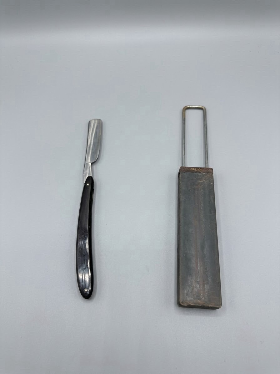 Vintage Extra Straight Razor Black Handle & Hanging Leather Strop Hone Shaving⁠