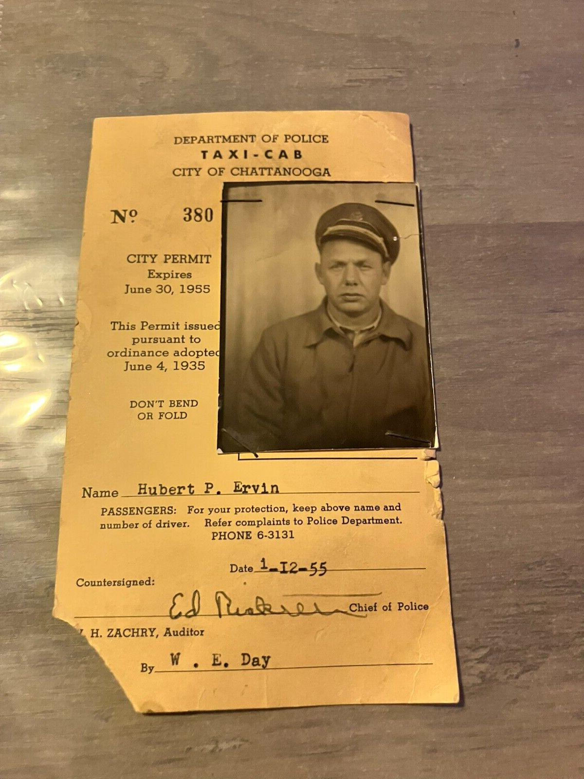 VTG 1955 Chattanooga Tennessee TN Cab Driver Photo ID Permit