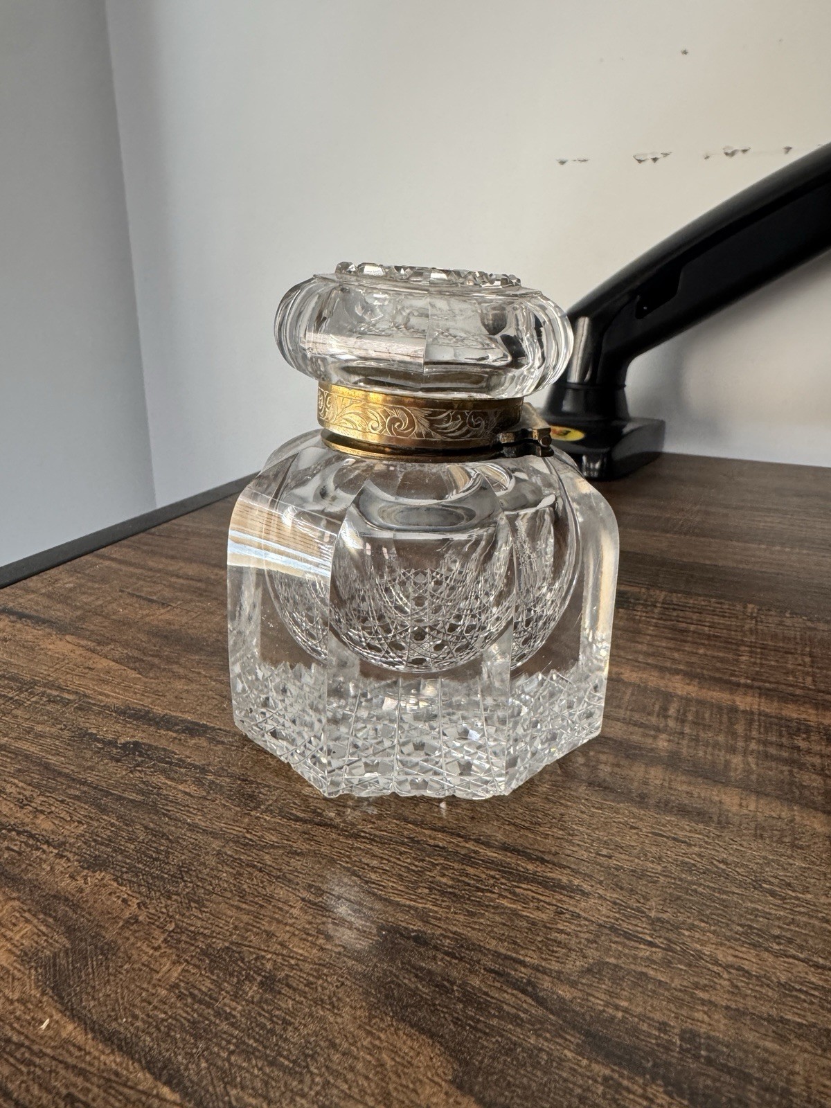 Rare Antique 19th C. French Baccarat Cut Crystal Inkwell w/ Engraved Brass Hinge