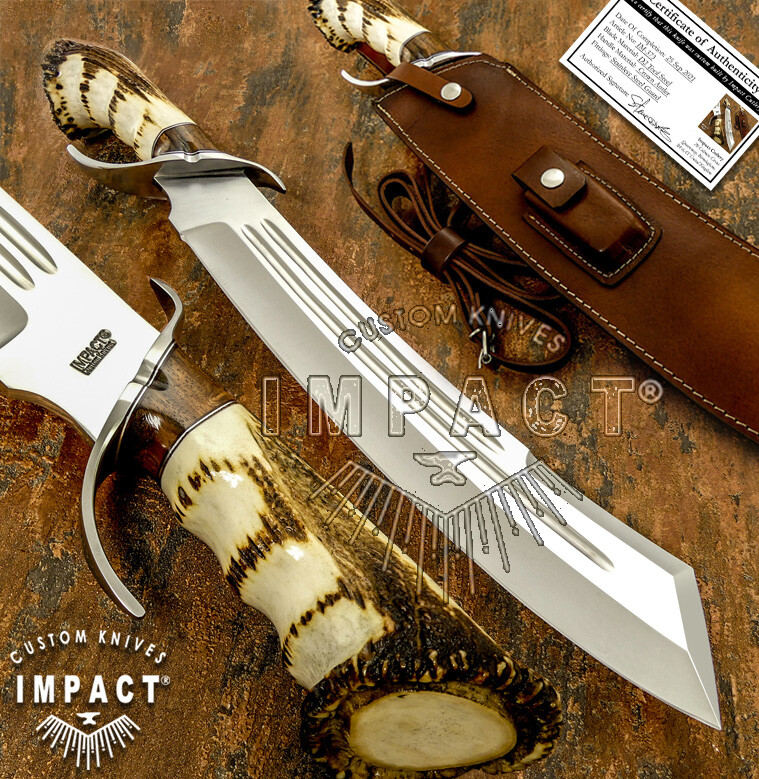Impact Cutlery 1-Of-A-Kind Custom D2 Monster Fuller Art Bowie Knife Crown Antler