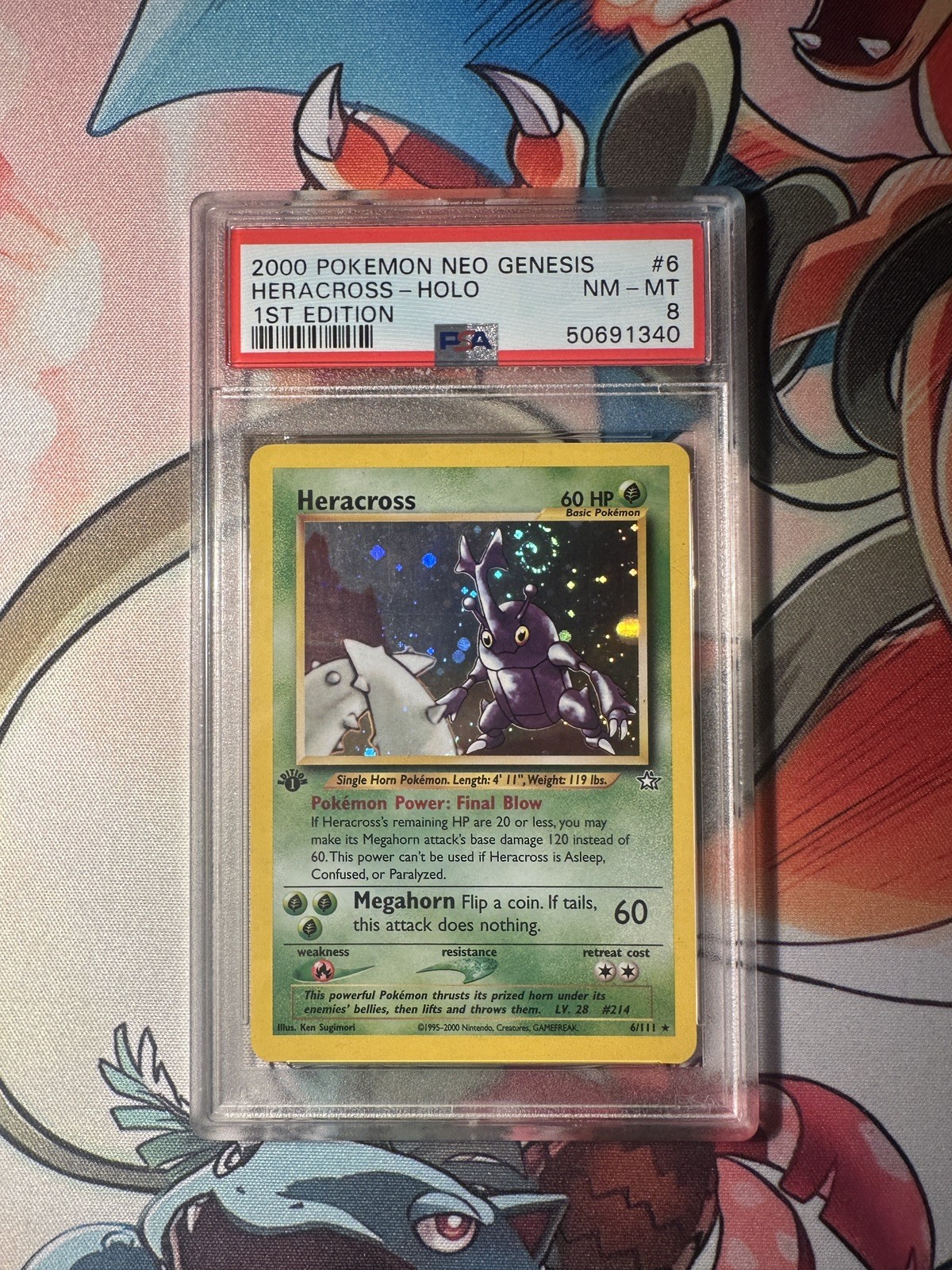2000 POKEMON NEO GENESIS #6 HERACROSS-HOLO PSA 8 BIG SWIRL