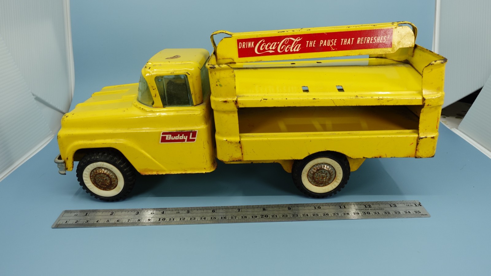 Vintage 1950s Buddy L GMC Yellow Coca Cola Delivery Truck Pressed Steel Toy