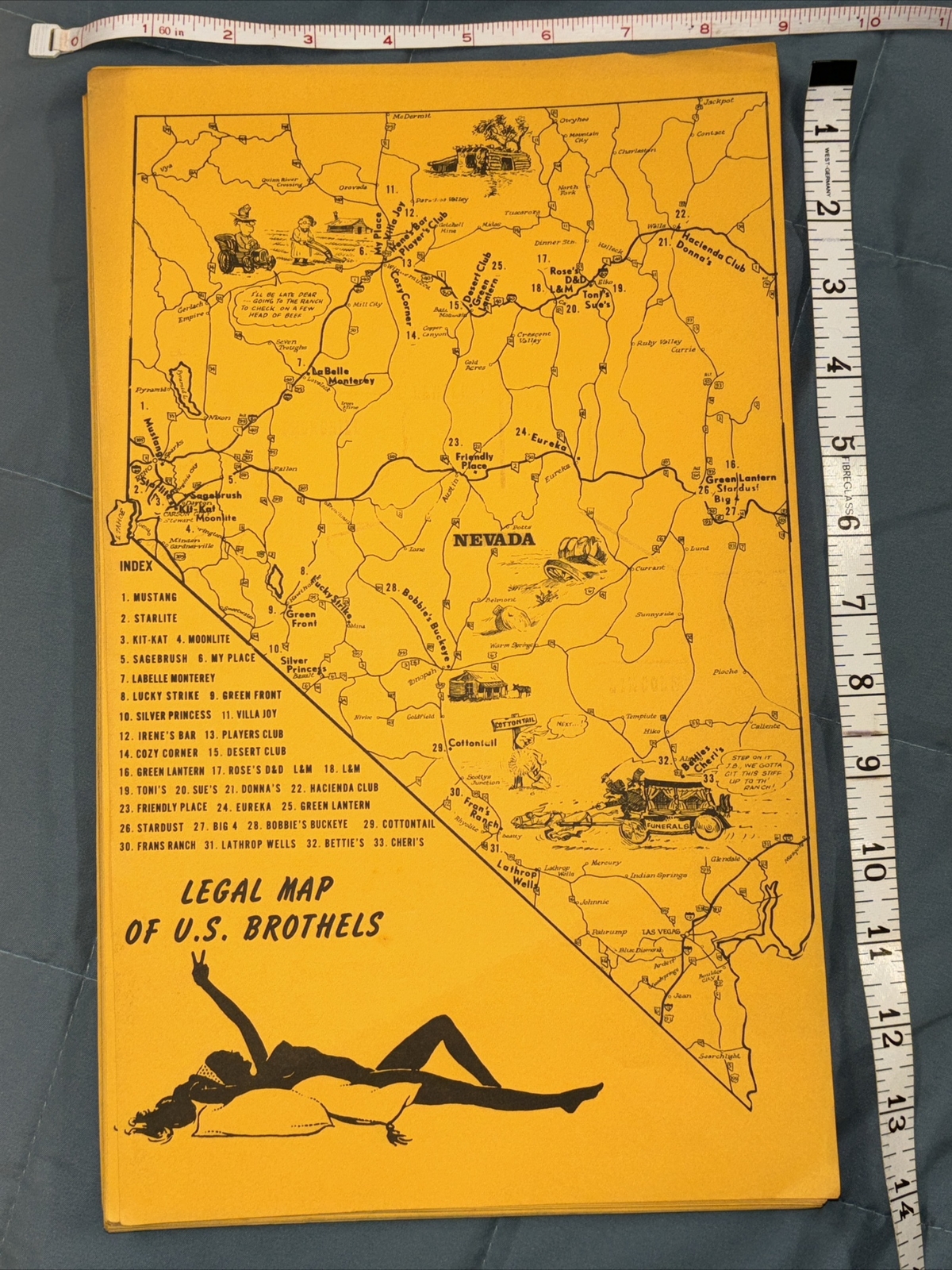 Vtg Map of U.S. Brothels Las Vegas Nevada Mustang Lucky Strike Chicken Ranch