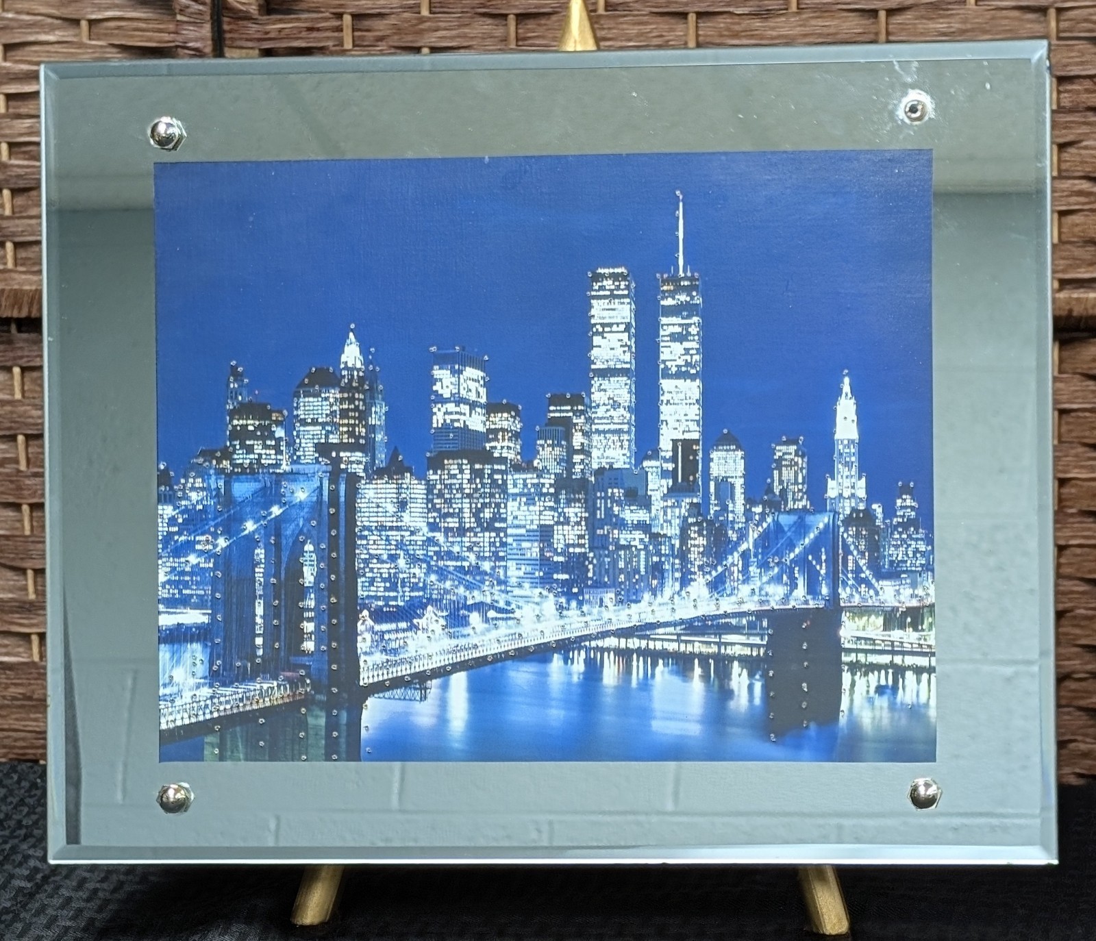 Vintage NYC Twin Towers World Trade Center Brooklyn Bridge Lighted Mirror Art