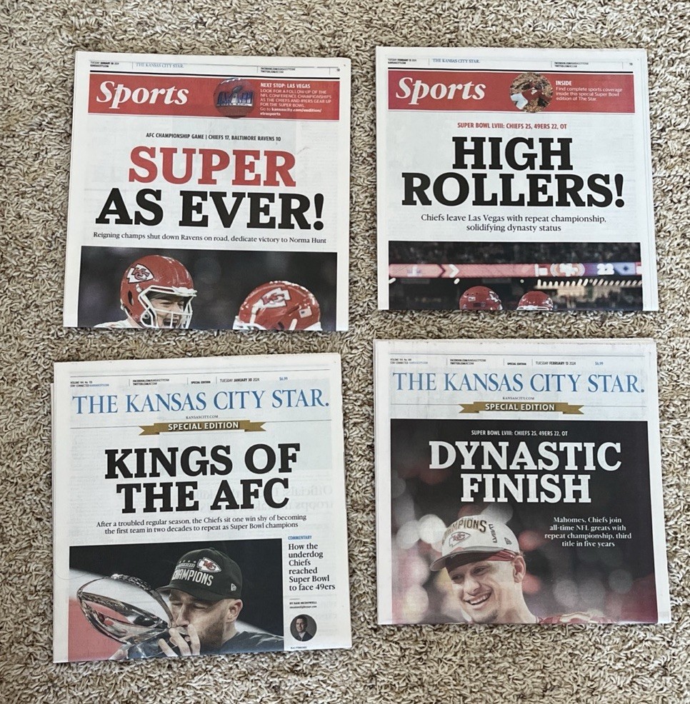 SUPER BOWL 2024 KANSAS CITY CHIEFS NEWSPAPER STAR KC 1/30/24 & 2/13/24 LVIII NEW SUPER BOWL 2024 KANSAS CITY CHIEFS NEWSPAPER STAR KC 1/30/24 & 2/13/24 LVIII NEW