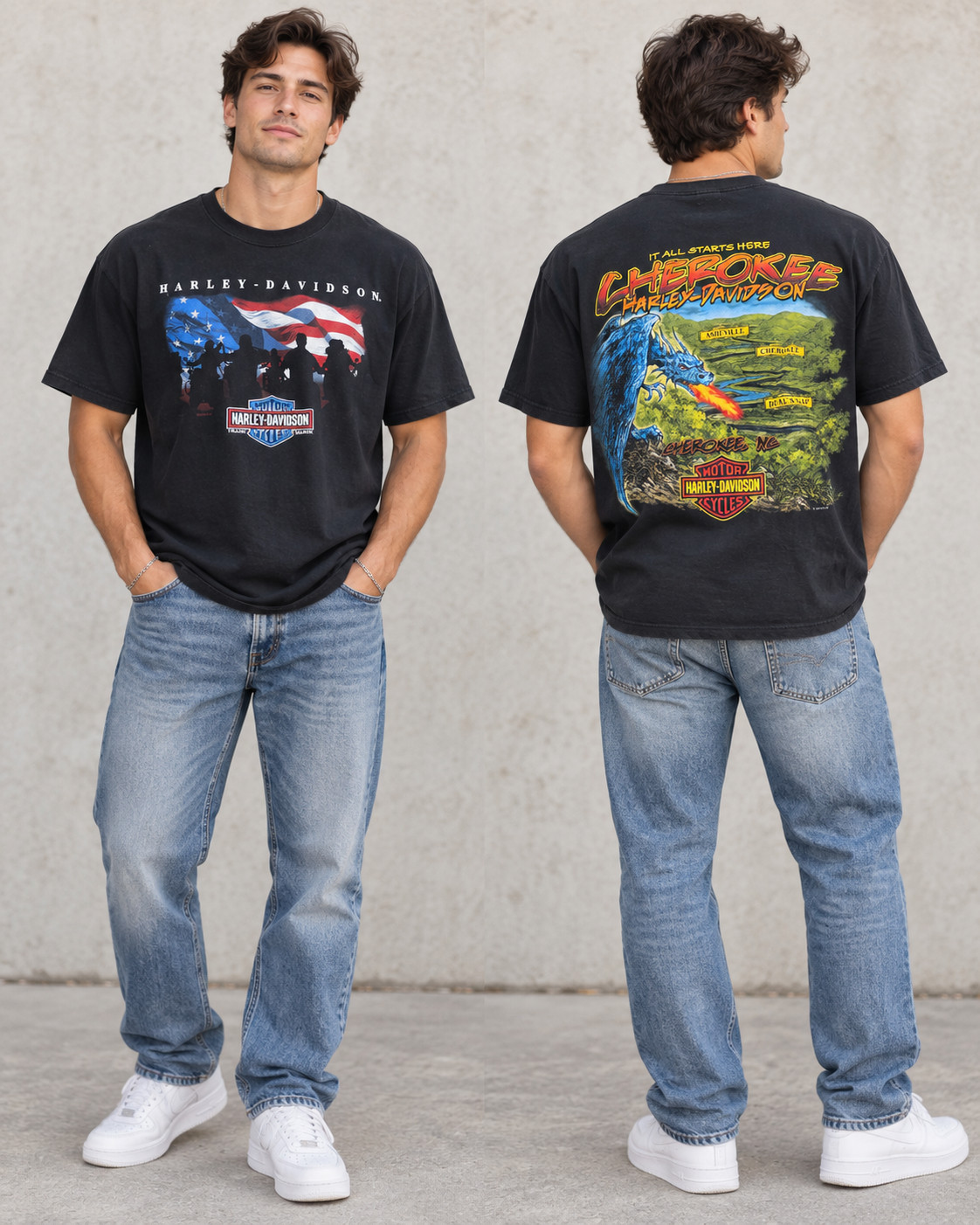 Mens Harley Davidson Cherokee North Carolina Black Motorcycle T-Shirt Medium