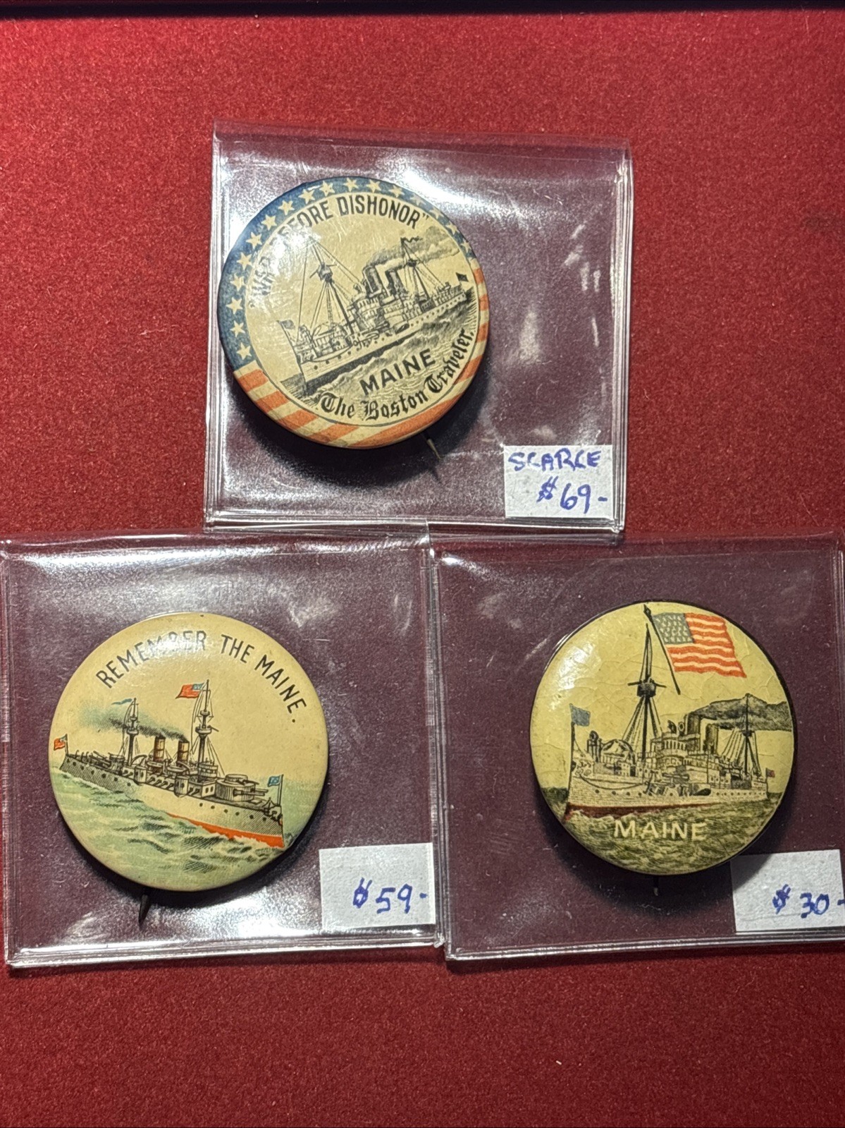 Antique 1890\'s Pinback Button Lot Of (3) Remember The U.S.S. Maine Battleship