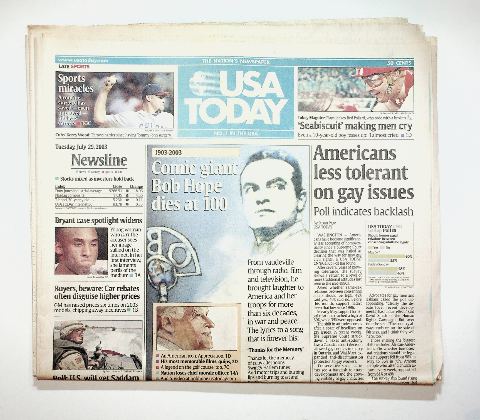 2003 July 29 USA Today Newspaper Bob Hope Dies At 100 2003 July 29 USA Today Newspaper Bob Hope Dies At 100