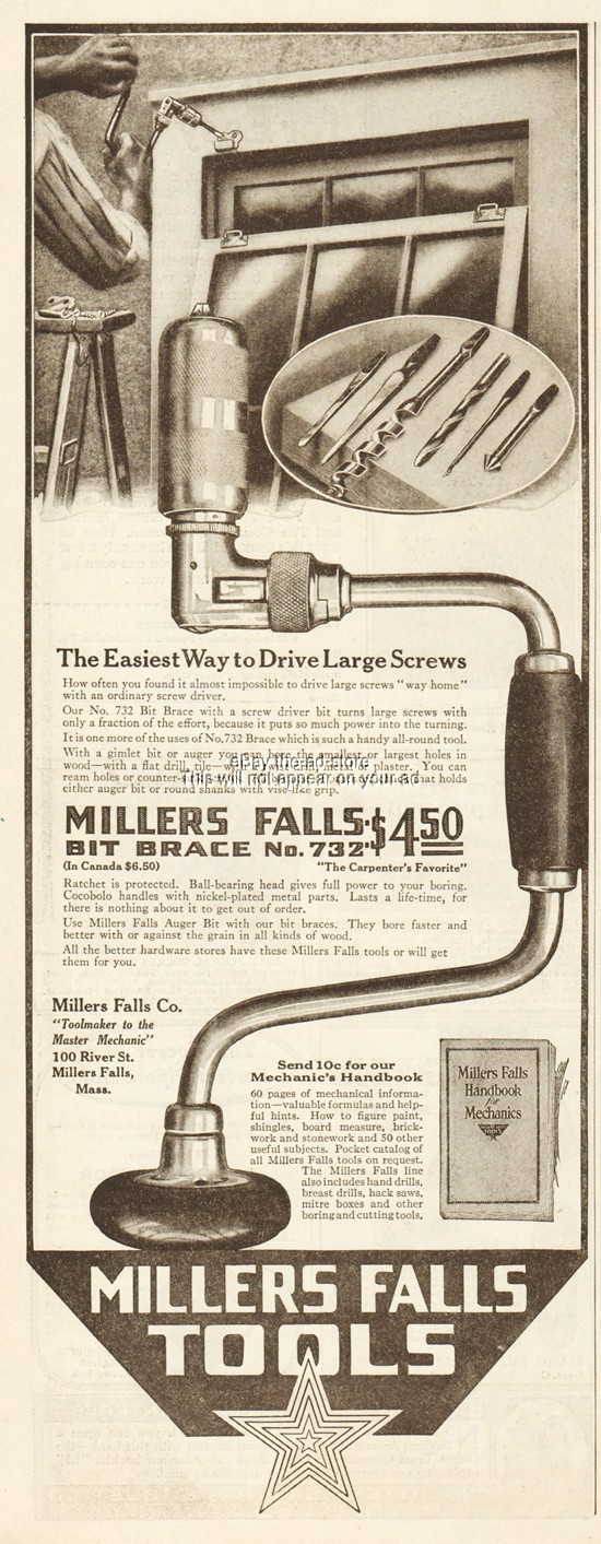 1919 Millers Falls Bit Brace No 732 Vintage Print Ad Carpenter\'s Favorite Tool