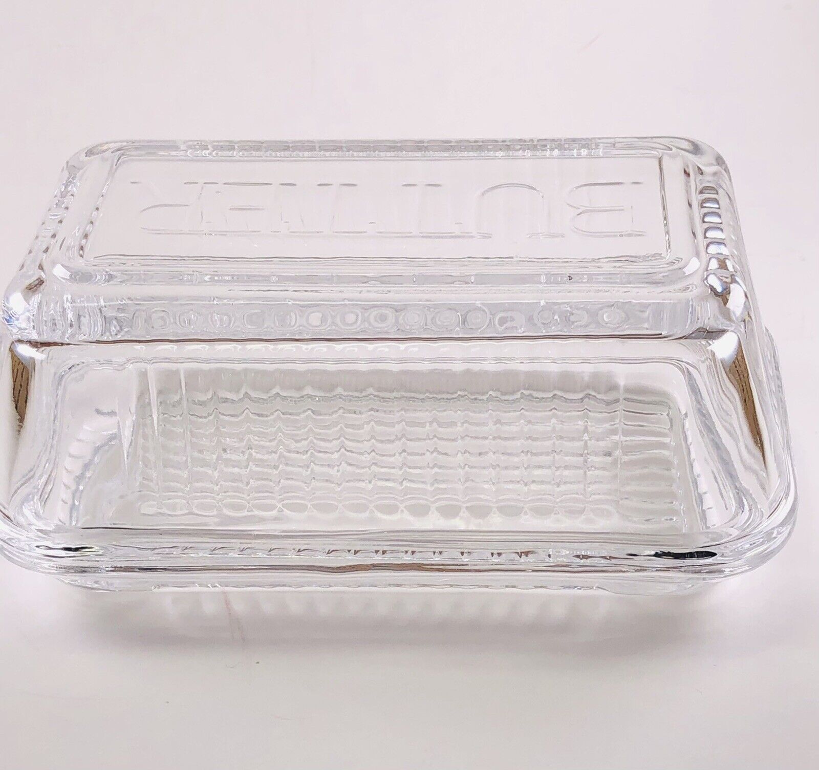 Glass Butter Dish With Lid-Clear Pressed Glass Ribbed-BUTTER Label On Top