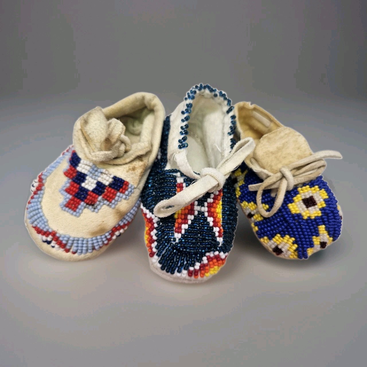 3 Vtg Plains Indian Beaded Baby Moccasins North Dakota Leather