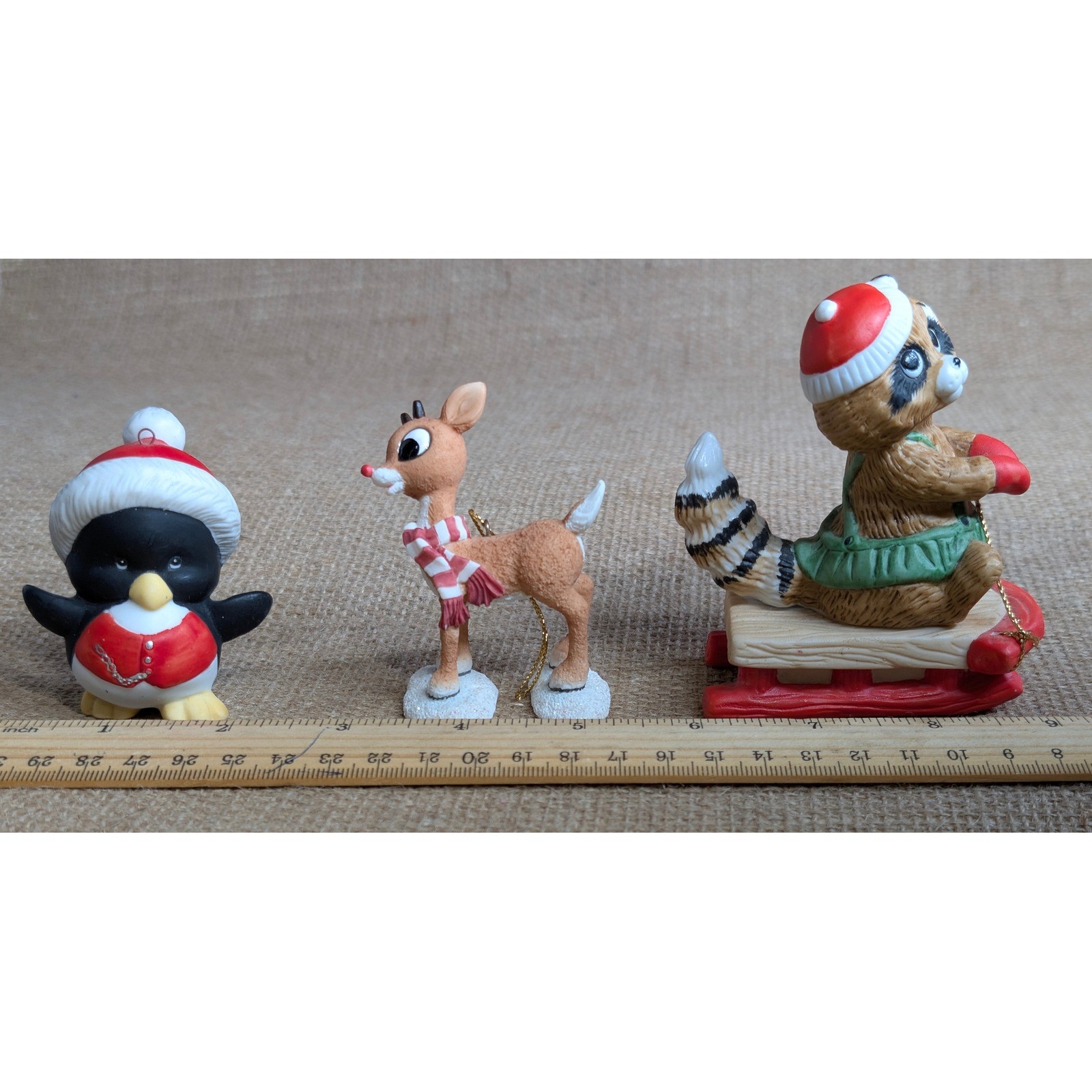 Vintage Enesco Christmas Figurines Set Penguin Rudolph Raccoon Ceramic 1985 Vintage Enesco Christmas Figurines Set Penguin Rudolph Raccoon Ceramic 1985