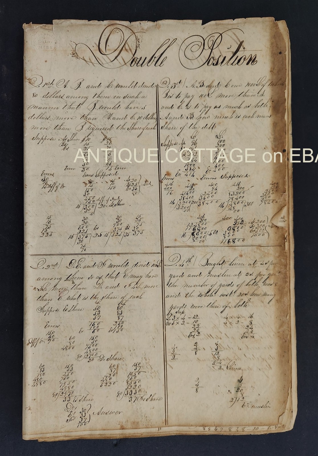 1848-50s antique MATH CYPHER PENMANSHIP salem ma fraktur calligraphy CIPHER