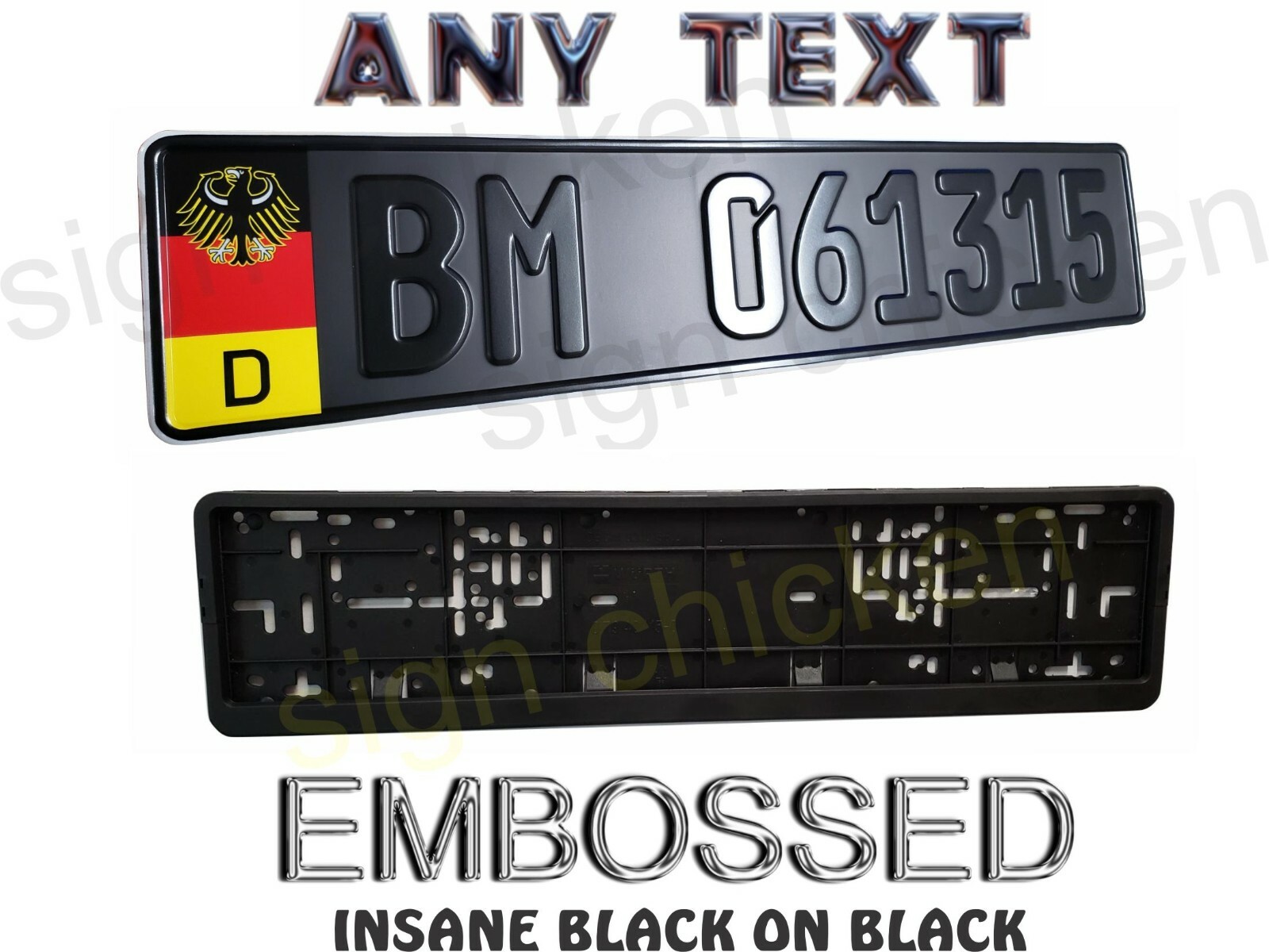 GERMAN BLACK ON BLACK, EURO STYLE TAG, BMW, European LICENSE plate CUSTOM TEXT GERMAN BLACK ON BLACK, EURO STYLE TAG, BMW, European LICENSE plate CUSTOM TEXT