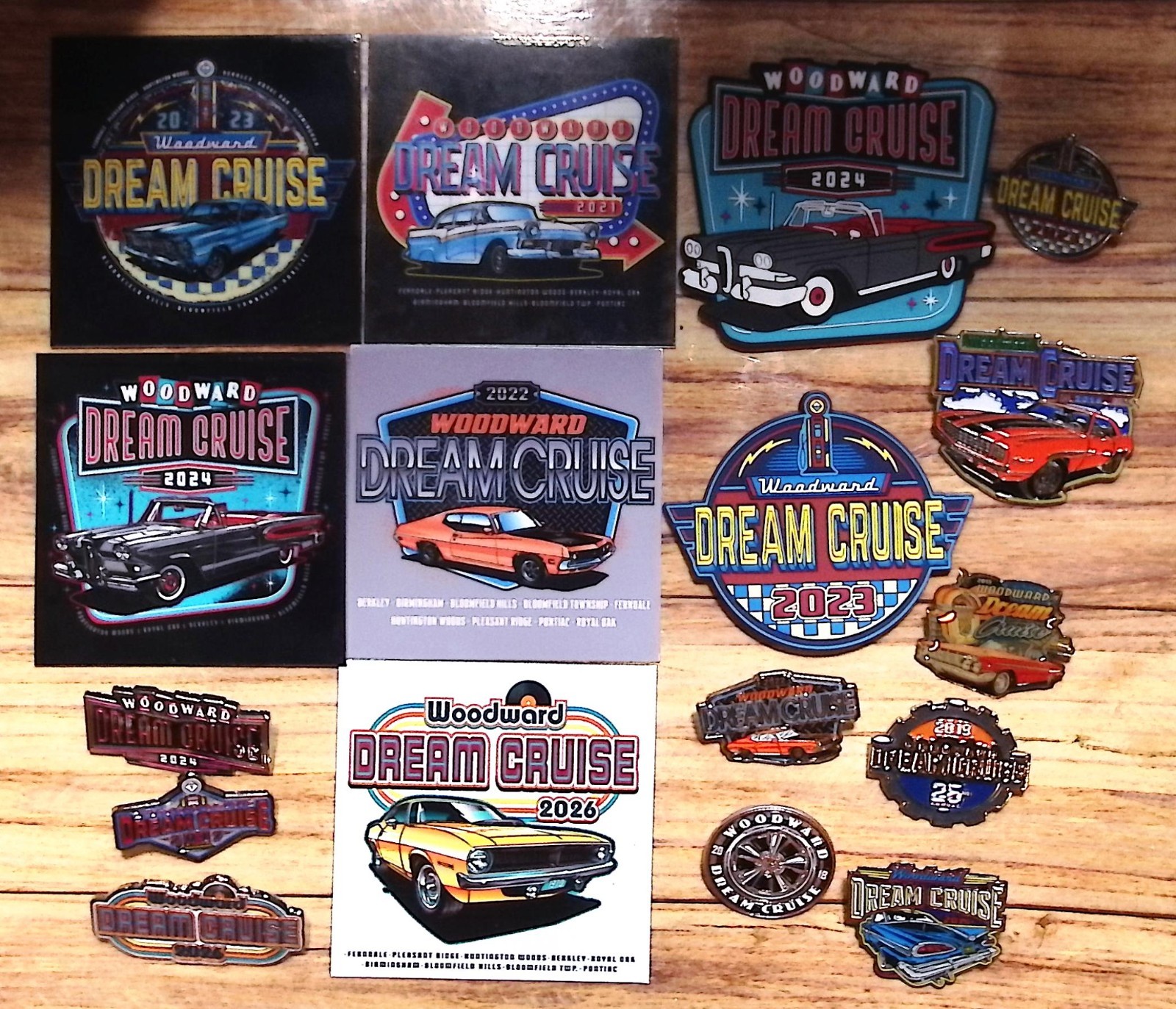 (17 Piece) Collection Woodward Dream Cruise Pins Magnets Dash Plaques 2013-2026 (17 Piece) Collection Woodward Dream Cruise Pins Magnets Dash Plaques 2013-2026