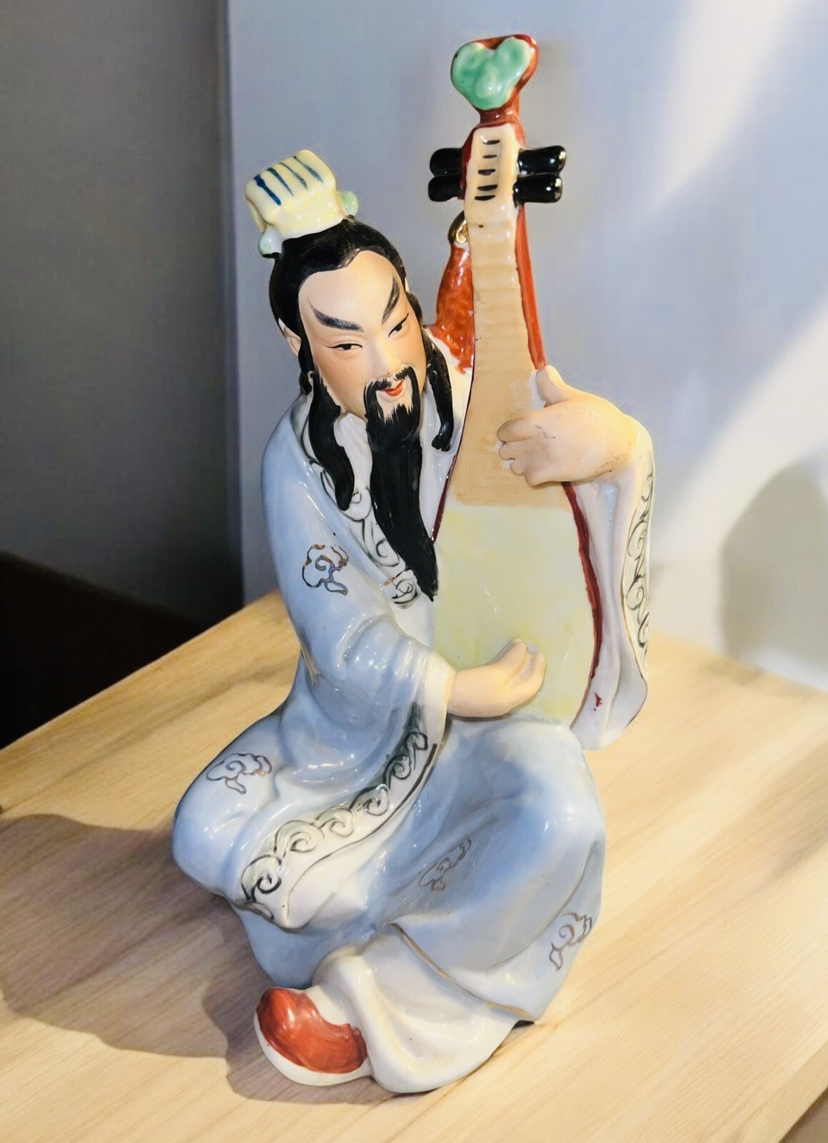 Antique Musician Asian Man Blue Glazed Porcelain Ceramic Base Gorgeous 9” Antique Musician Asian Man Blue Glazed Porcelain Ceramic Base Gorgeous 9”
