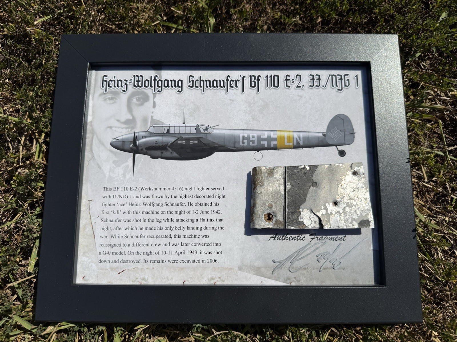 Ron Cole Art Luftwaffe Bf110 Night Fighter Ace Heinz Schnaufer Relic Display