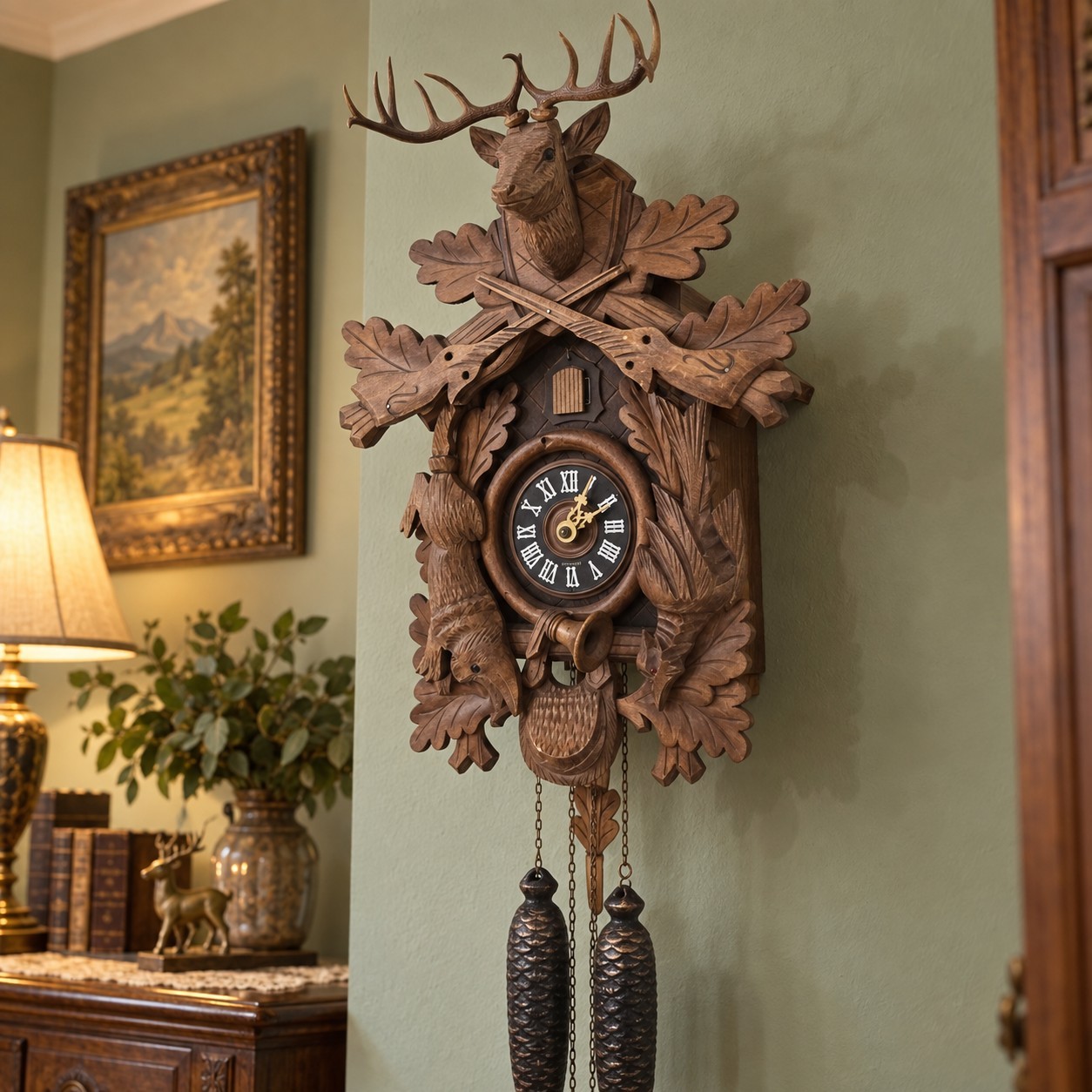 Vintage German Cuckoo Clock Hand Carved Hunting Deer Rabbit Pine Cone Weights 
