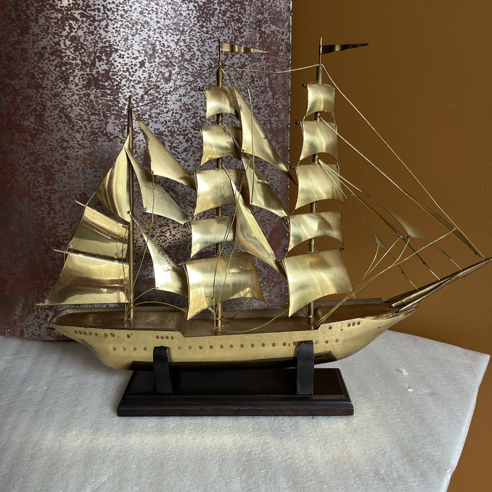 Vintage Model 19” Ship Sailboat Sailing Vessel BRASS Metal Nautical Wood Base