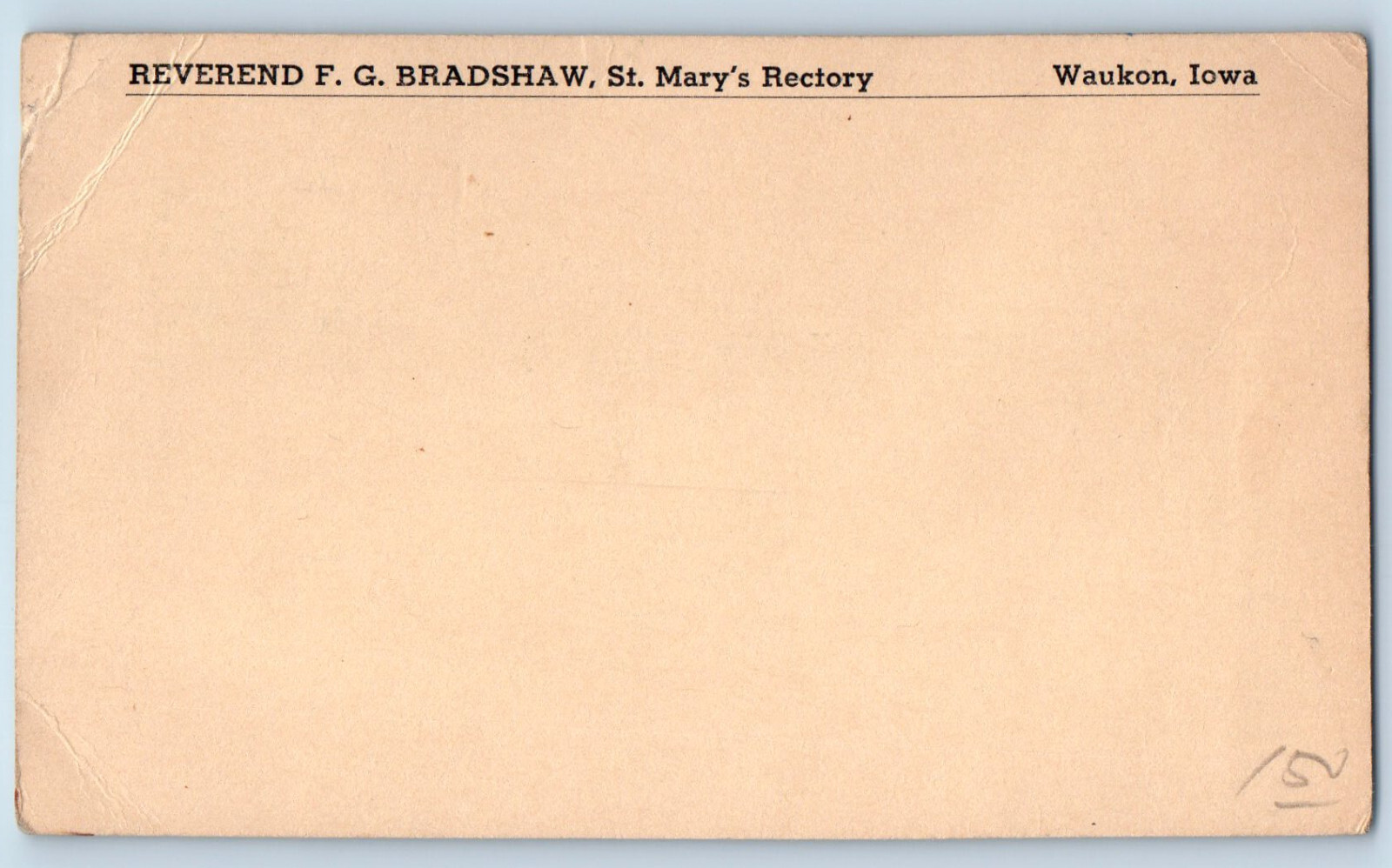 Waukon Iowa IA Postal Card Reverend F.G. Bradshaw St. Mary\'s Rectory c1905