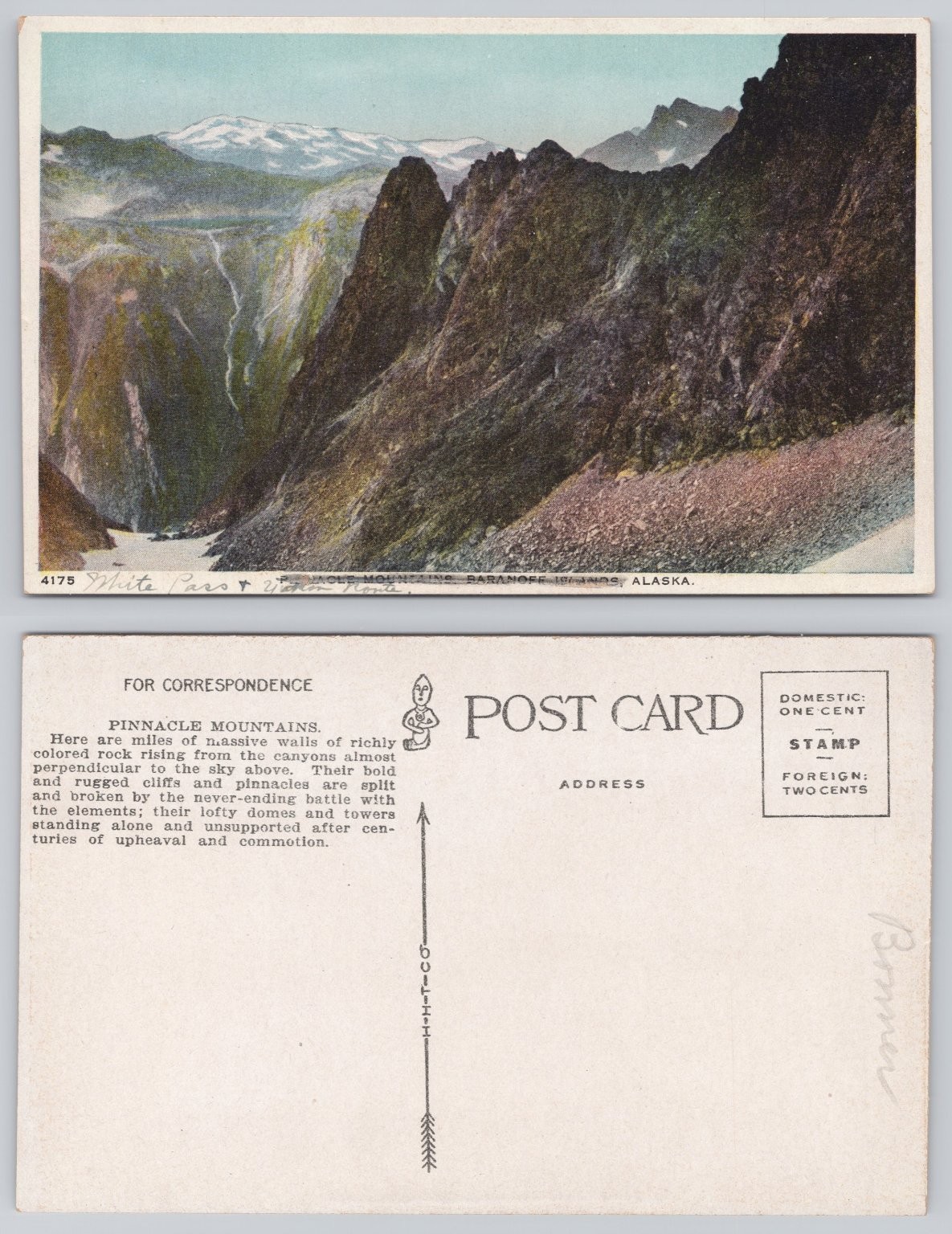 White Pass & Yukon Route Pinnacle Mountains Alaska Postcard c.1910s
