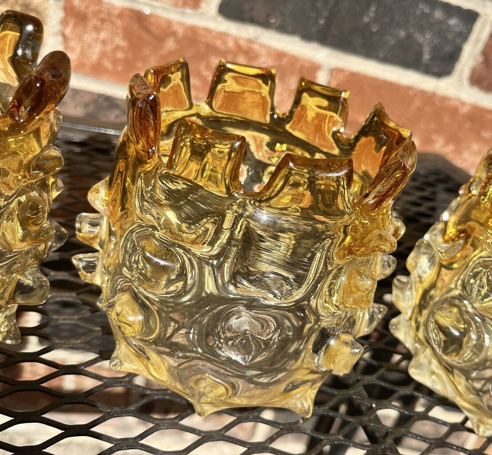 Set of 3 ~ Vintage Mid Century  Brutalist Art Glass Thorn Amber Candle Holders