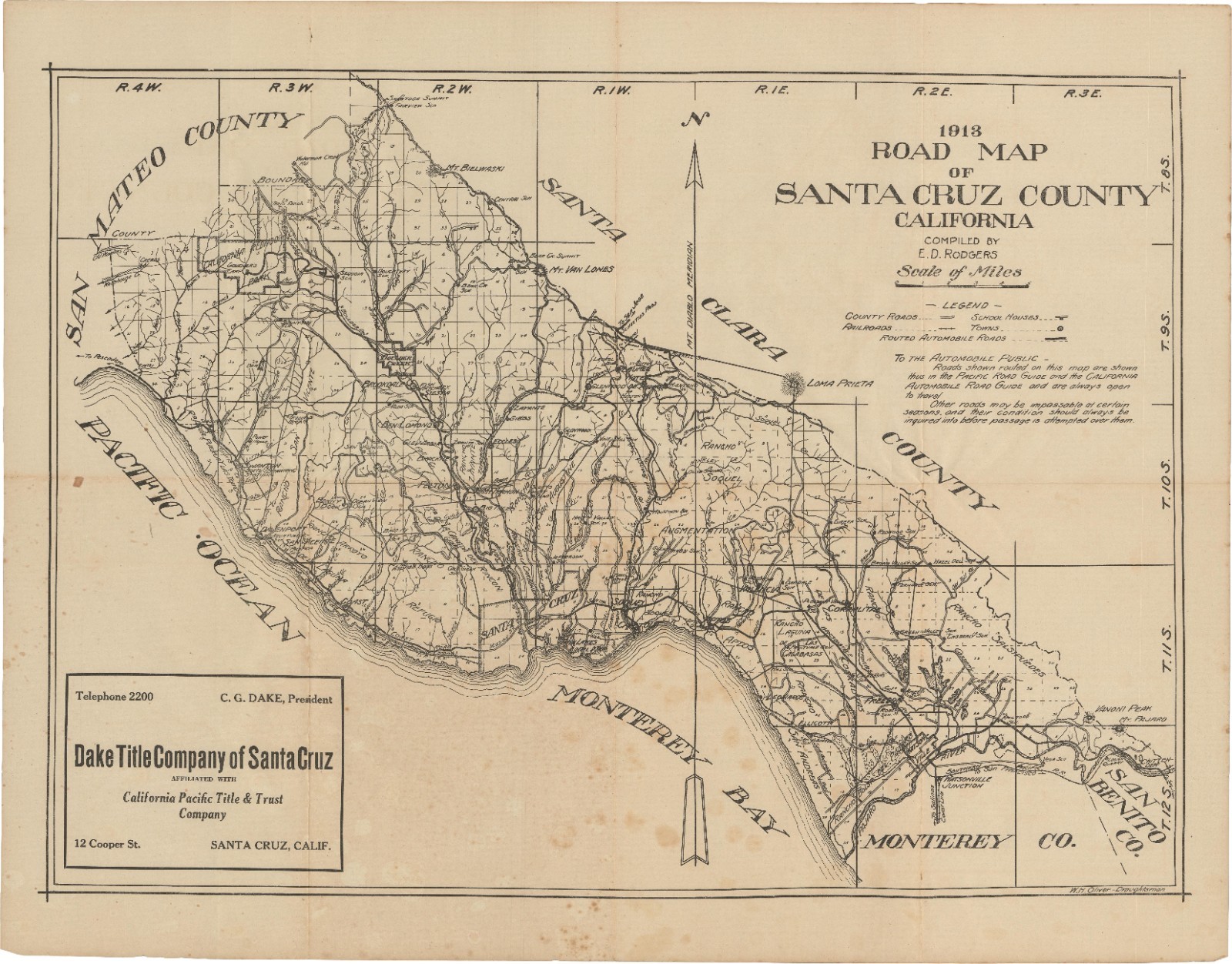 1913 Rodgers / Dake Title Co. Road Map of Santa Cruz County, California 1913 Rodgers / Dake Title Co. Road Map of Santa Cruz County, California