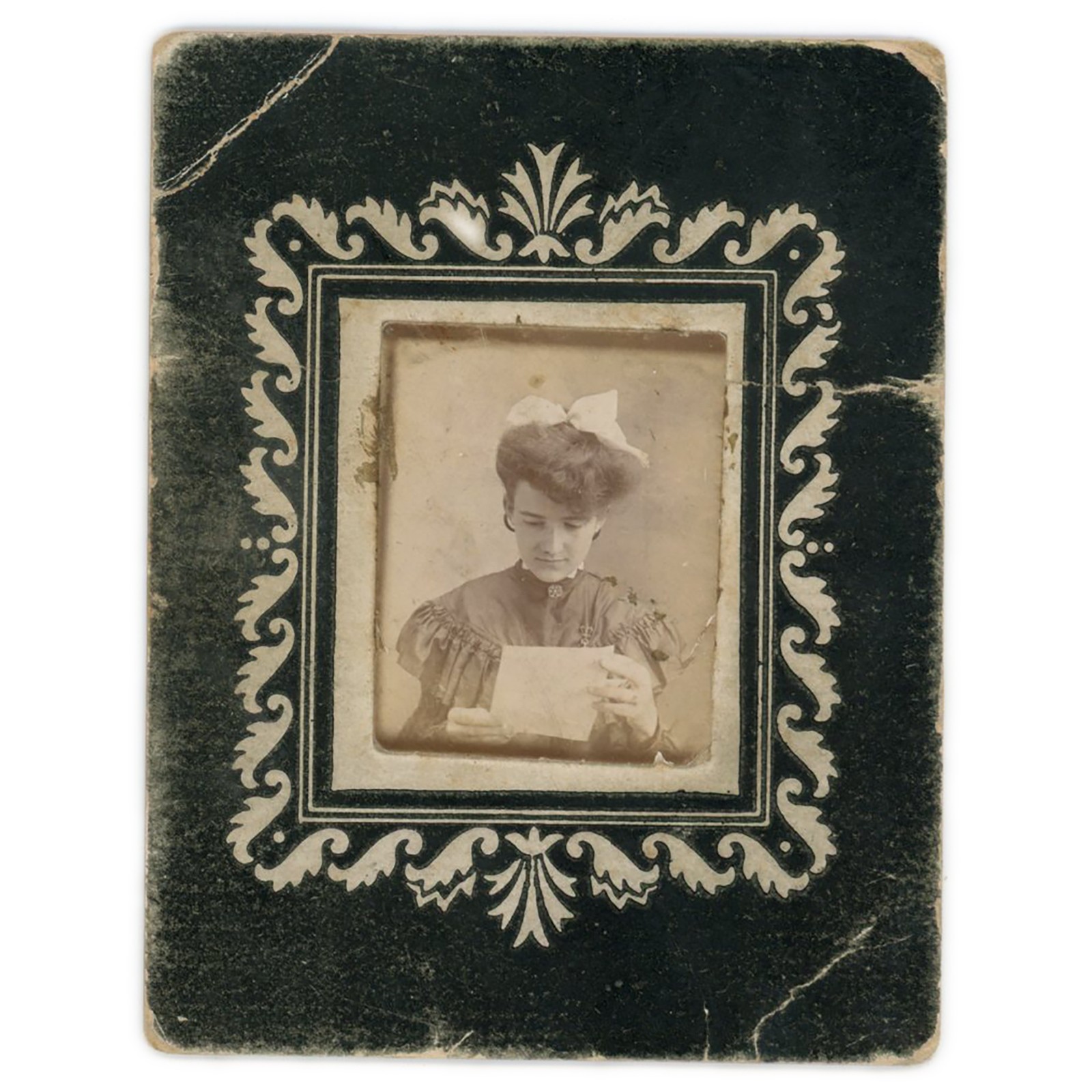 Penny Portrait of Young Woman Reading Letter c1905 - Early Miniature Photograph