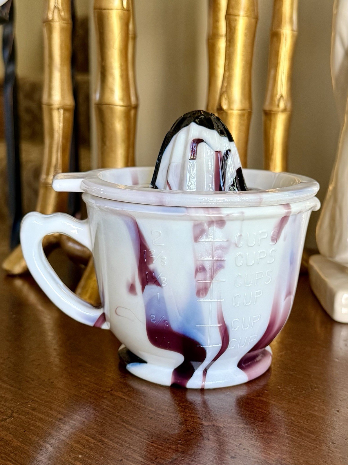 Vintage Akro Agate Slag Glass Marble Glass Measuring Cup And Juicer Set 2Pcs