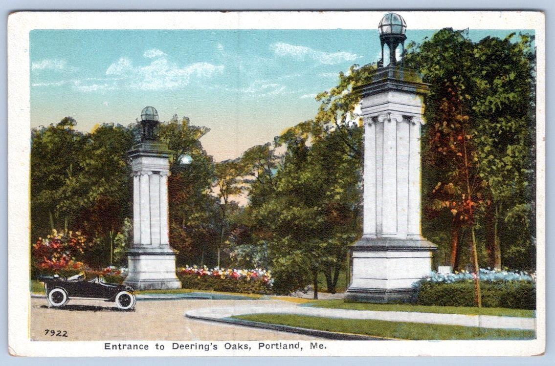 1920\'s PORTLAND MAINE ENTRANCE TO DEERING\'S OAKS OLD CAR ANTIQUE POSTCARD