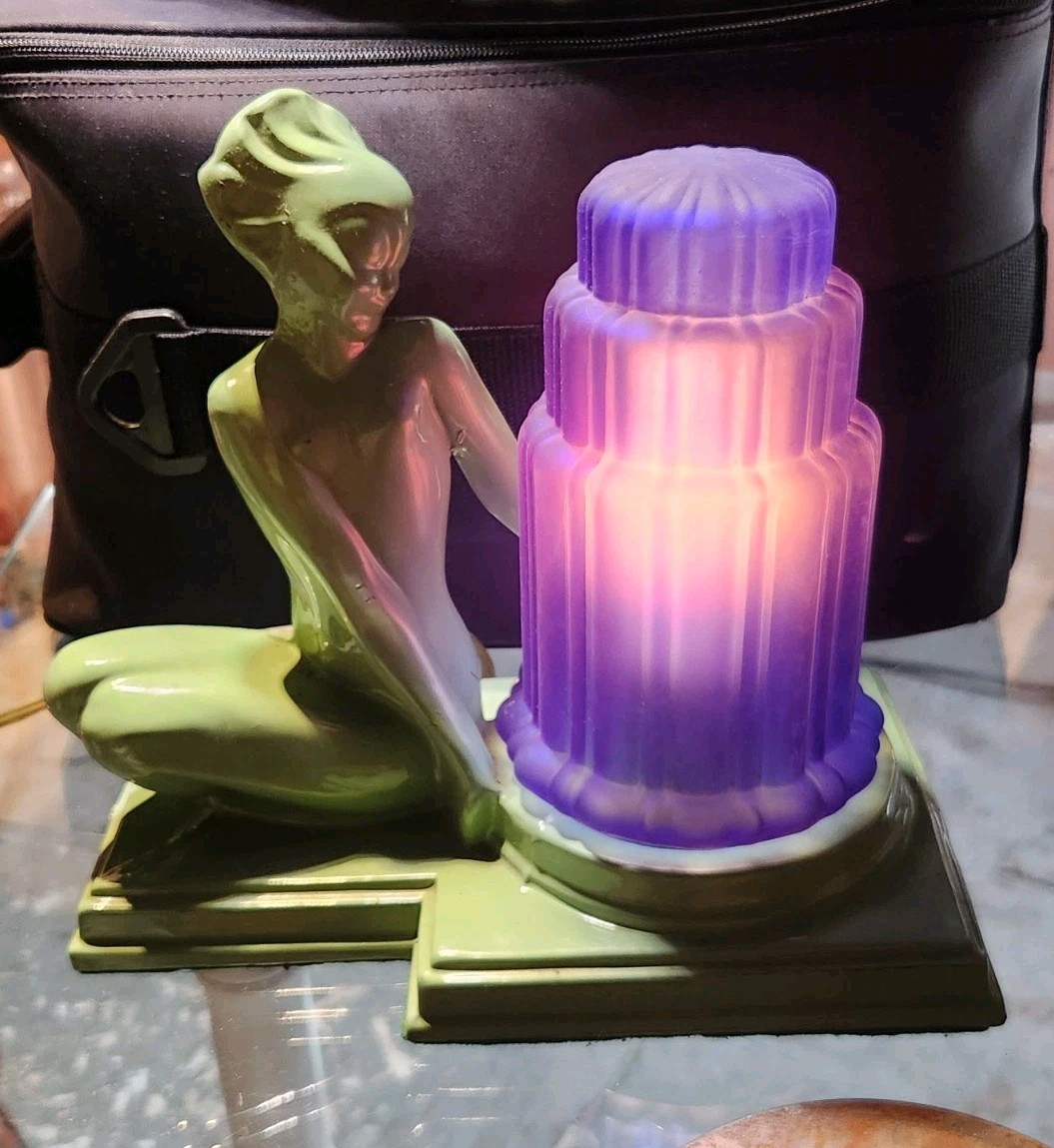 Vintage frankart Style Art Deco Nymph Lamp Original Patina. Cobalt Blue And Pink