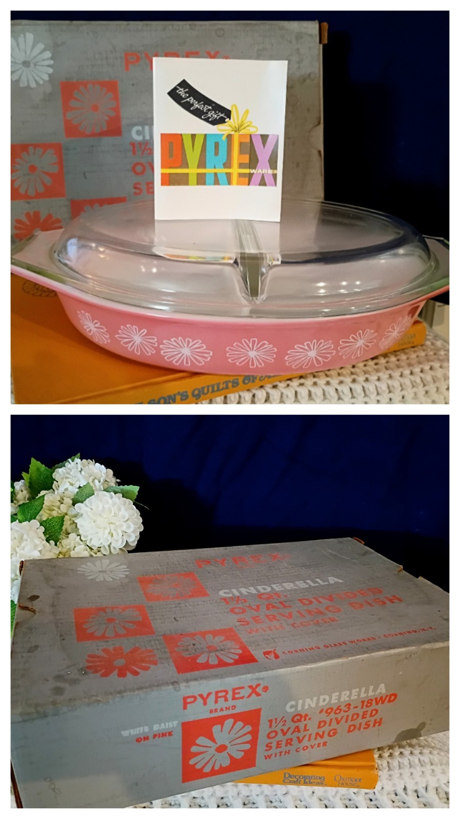 NOS Vintage Pyrex Cinderella Pink Daisy Divided Serving Dish & Lid  Original Box