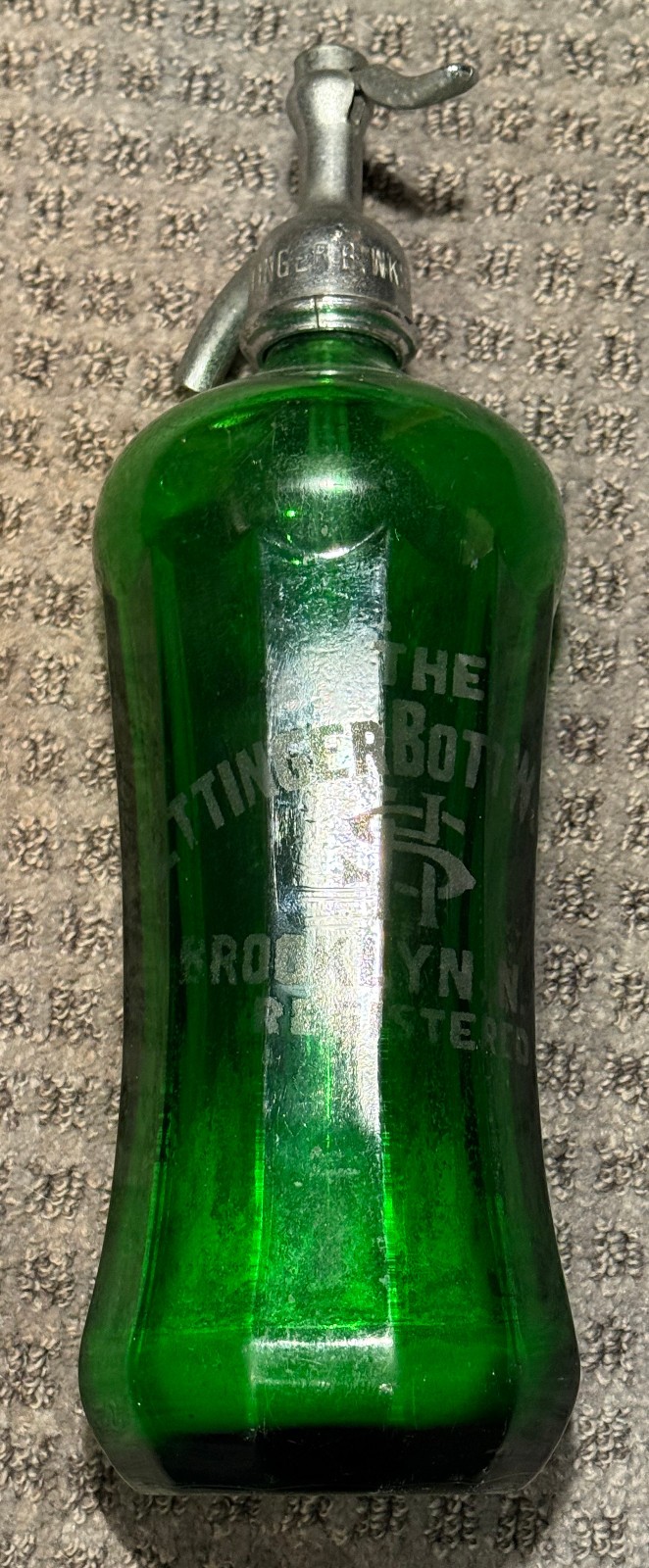 Vintage Emerald Green Glass 12-Sided Seltzer Bottle -Ettinger Bottle Works Bklyn