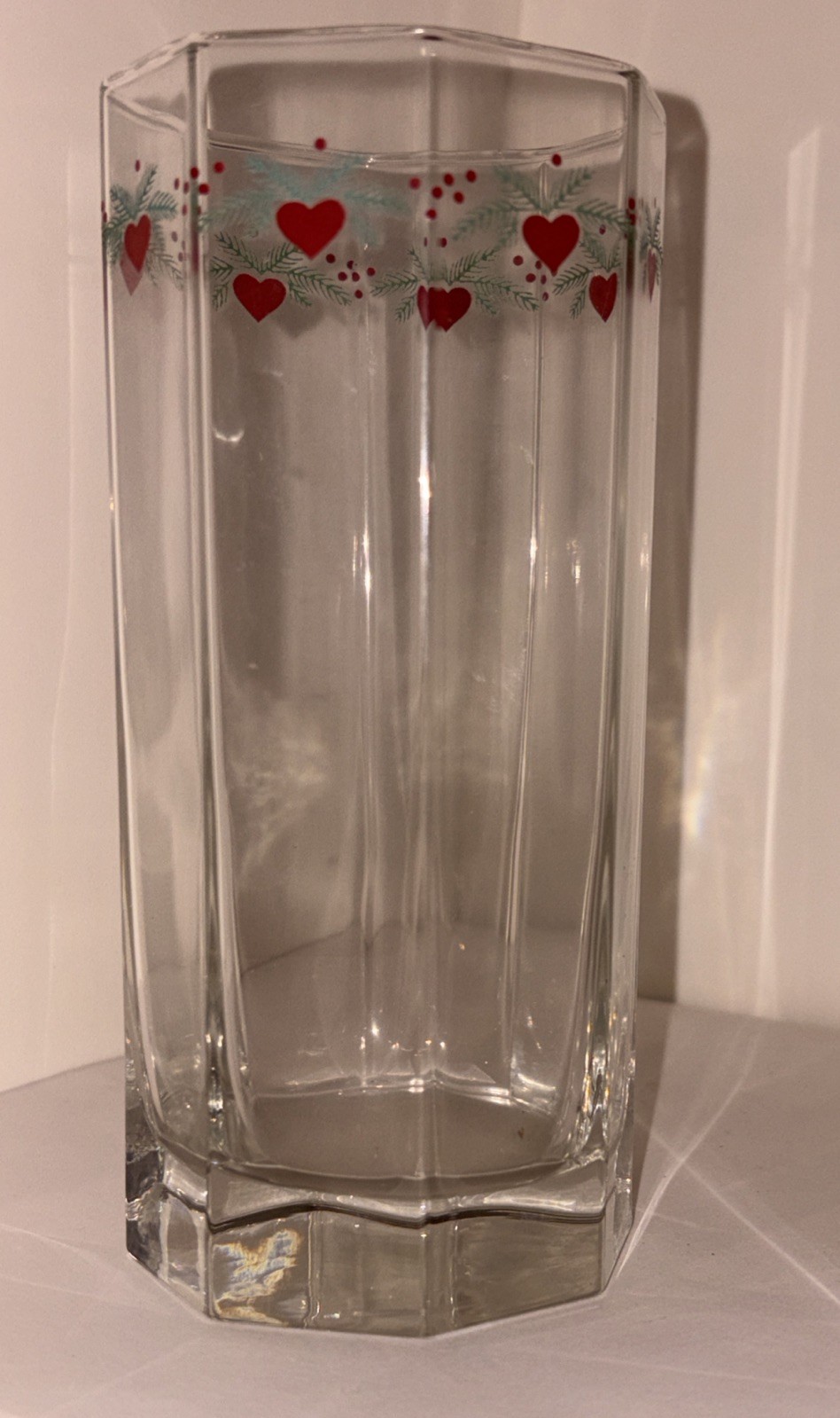 Vintage Porsgrund Norway Hearts and Pines Glass Tumbler Octagonal Highball 6”