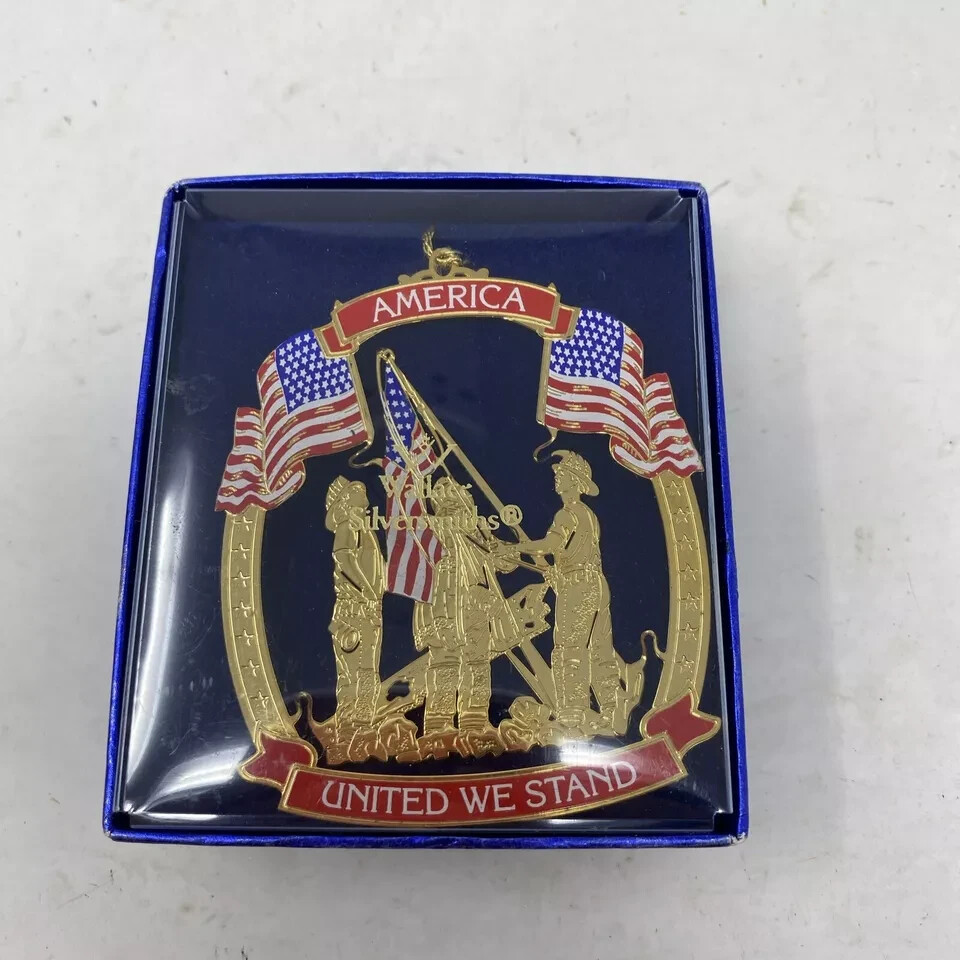 Wallace Silversmiths Ornament 9-11 3D Brass Enamel American Flag United We Stand