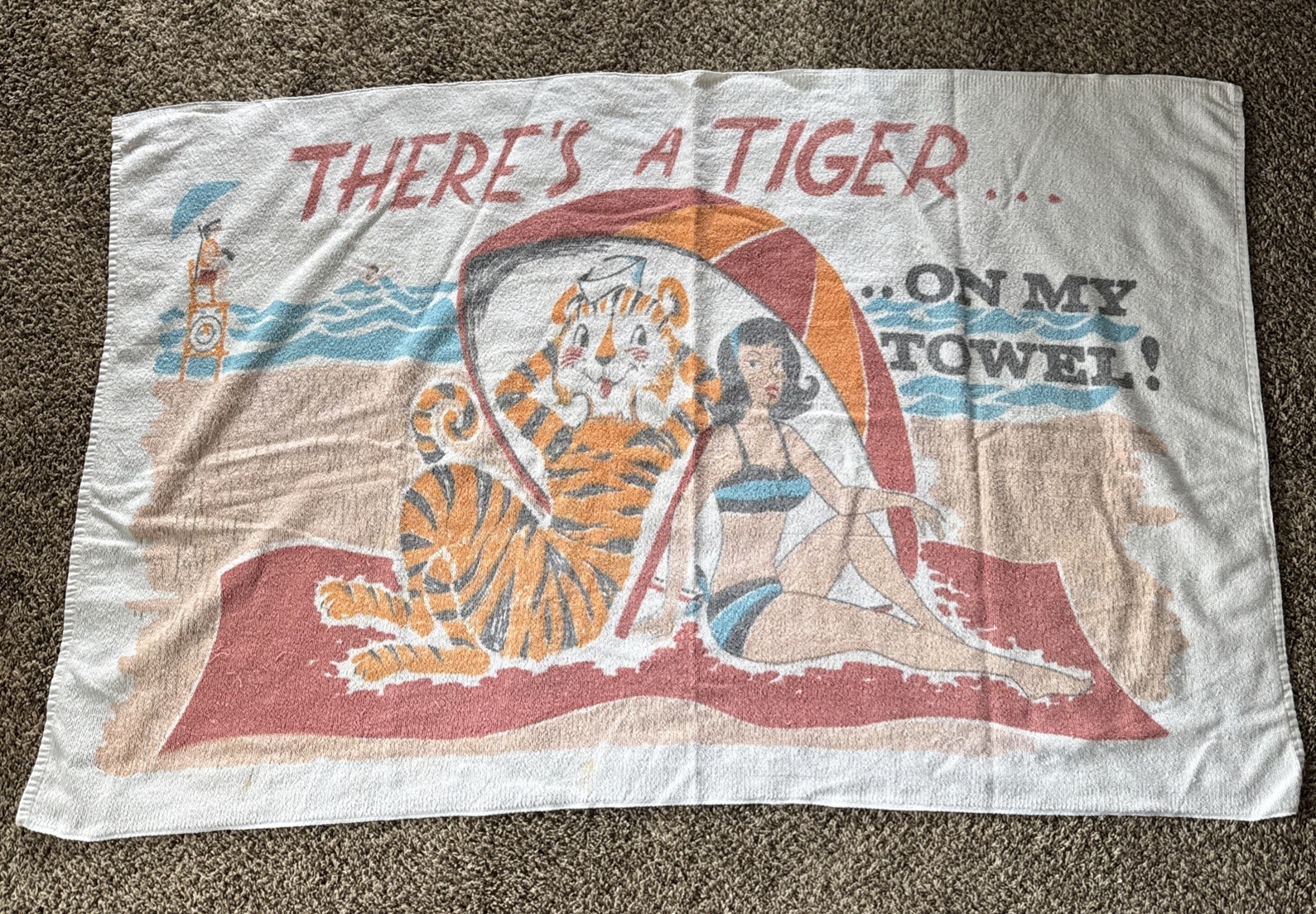 Vintage 1960s Tiger Beach Towel Retro Novelty Advertising Style Terry Cloth