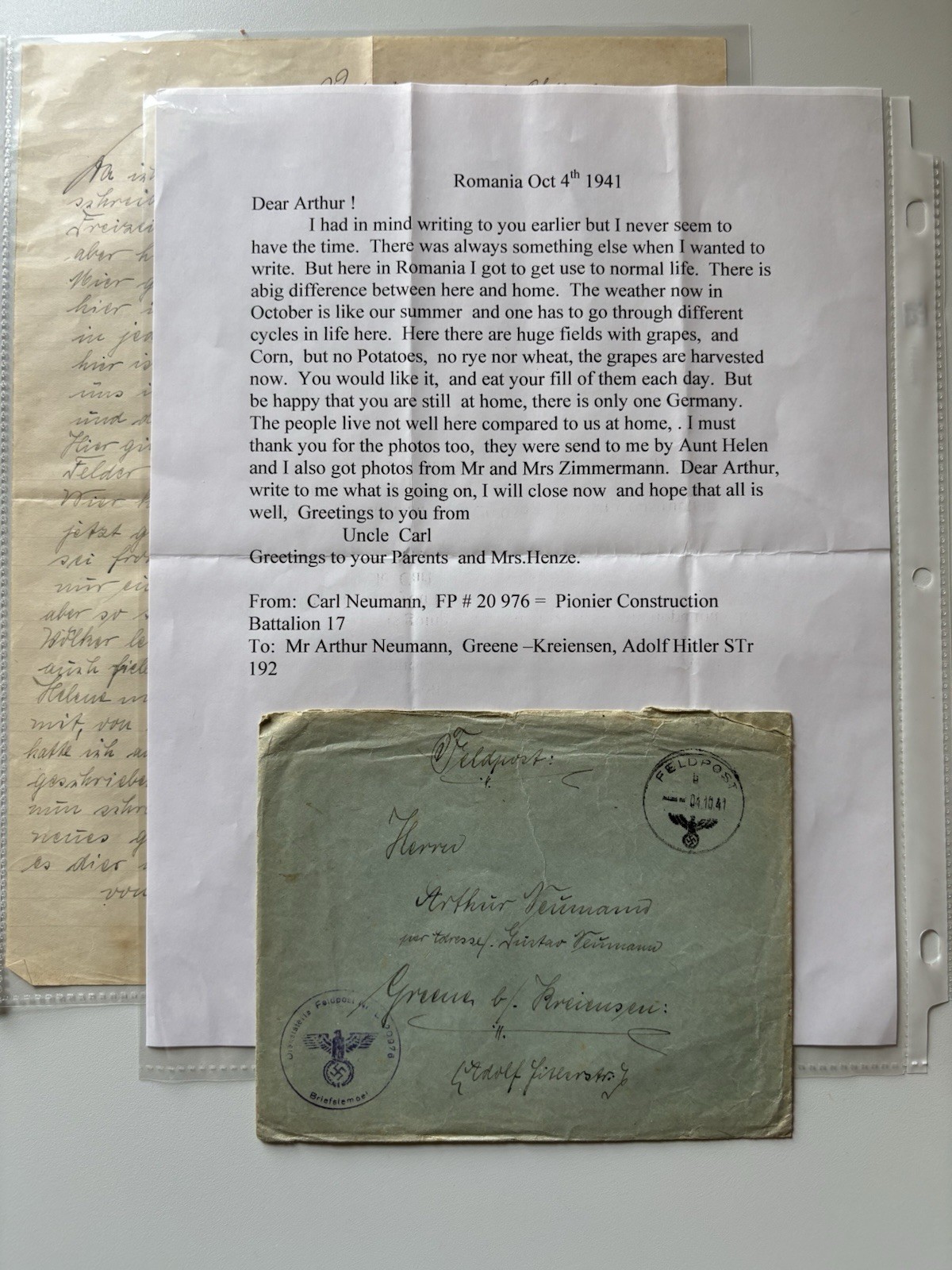 Original Translated WWII German Feldpost Letter & Envelope Romania 1941