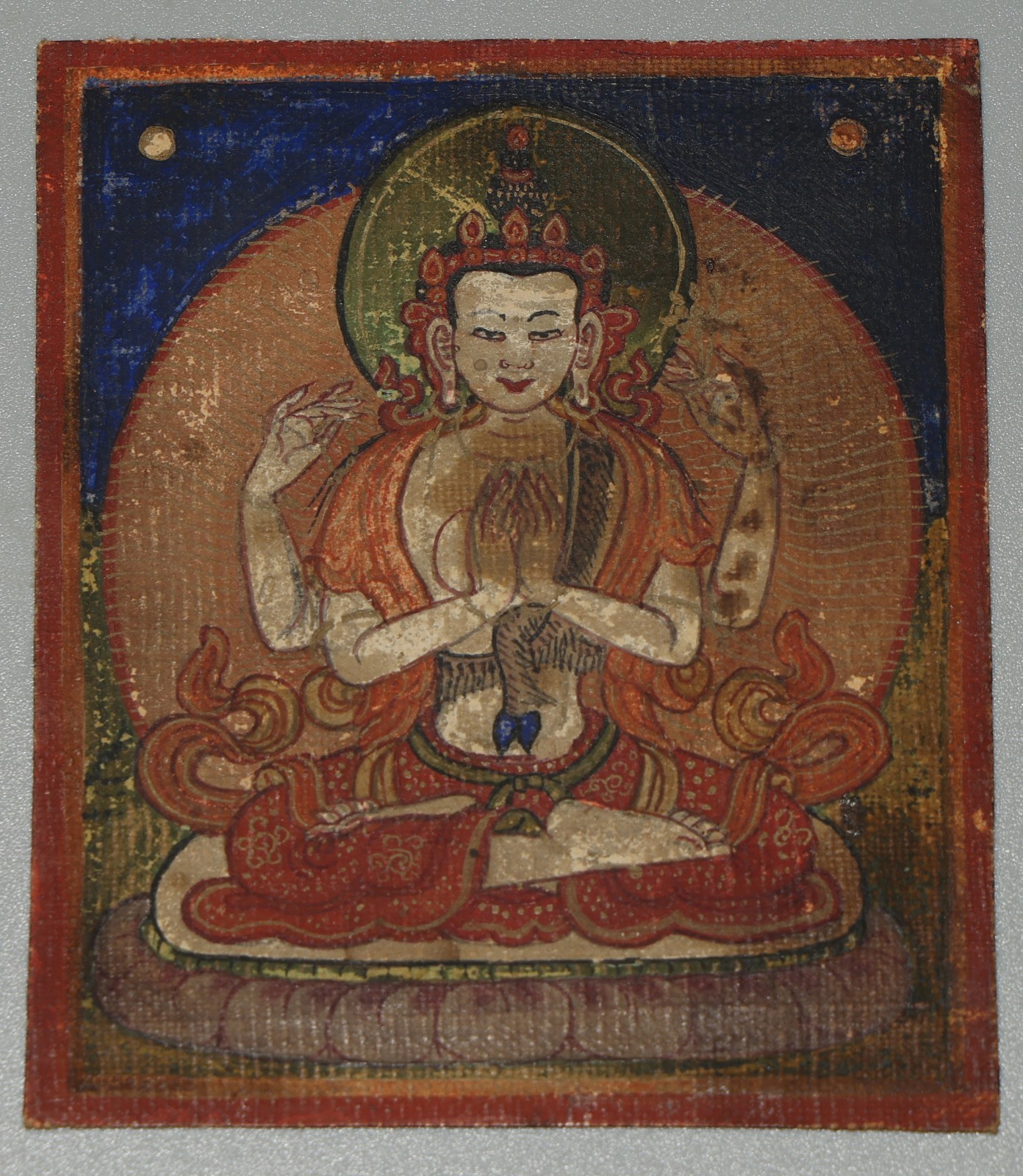 Real Tibet 1700s Old Antique Tsaklis Thangka 4-armed Avalokitesvara Bodhisattva