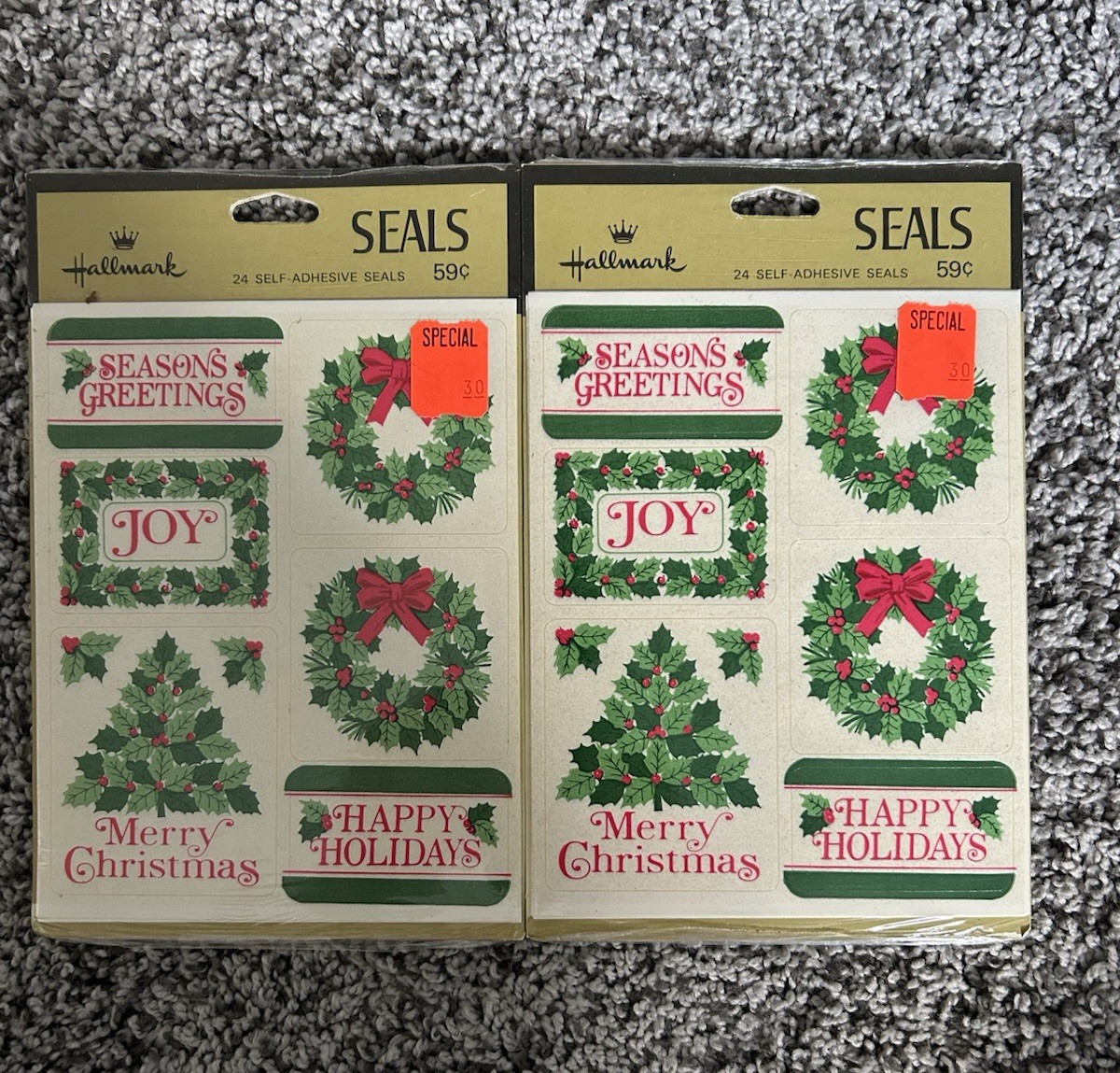 New NOS Hallmark Seals 24 Self Adhesive Seals '70s ? Made USA / 2 Sealed Packs ￼