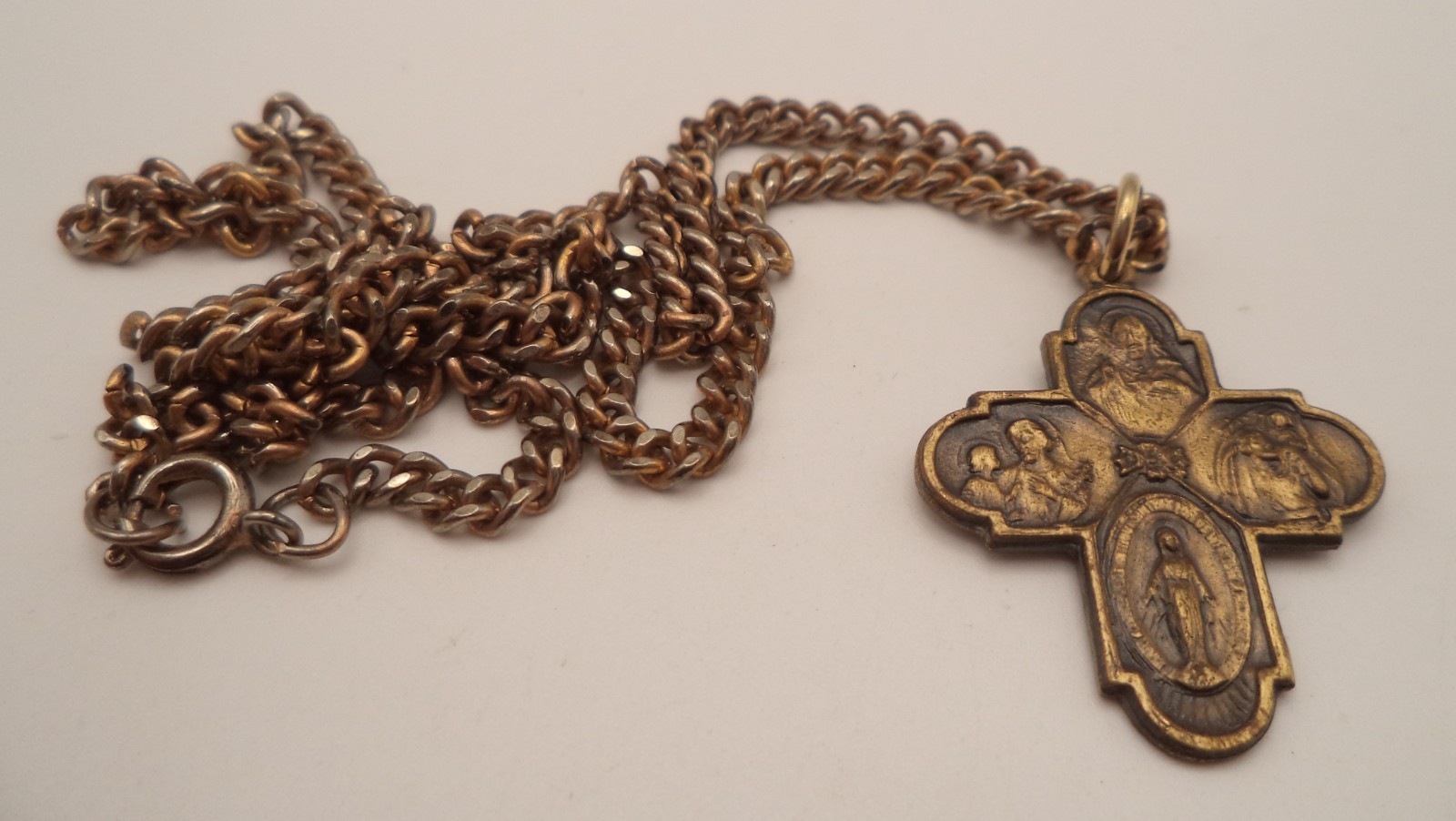 Vintage Catholic 4 Way Cross Medal Necklace Pendant Call A Priest Brass Tone 18\ Vintage Catholic 4 Way Cross Medal Necklace Pendant Call A Priest Brass Tone 18\